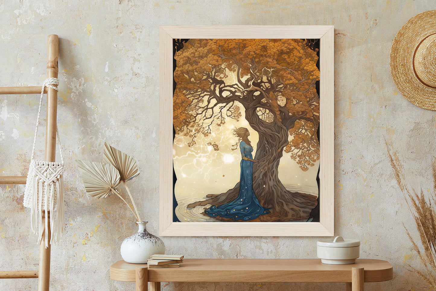 Poster Frau In Der Nähe Eines Verzweigten Baumes Rahmen Holz Mit Passepartout Farbe Natürlich