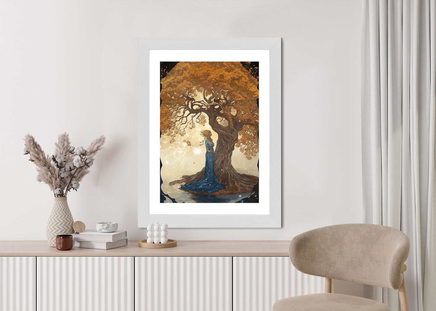 Poster Frau In Der Nähe Eines Verzweigten Baumes Rahmen Holz Mit Passepartout Farbe Natürlich