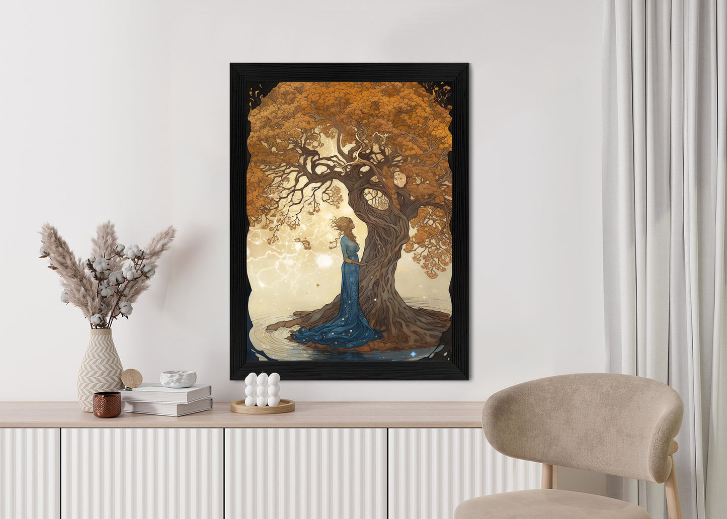 Poster Frau In Der Nähe Eines Verzweigten Baumes Rahmen Holz Mit Passepartout Farbe Natürlich
