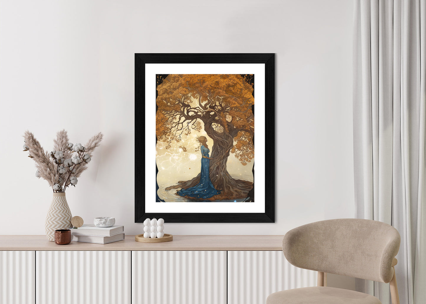 Poster Frau In Der Nähe Eines Verzweigten Baumes Rahmen Holz Mit Passepartout Farbe Natürlich