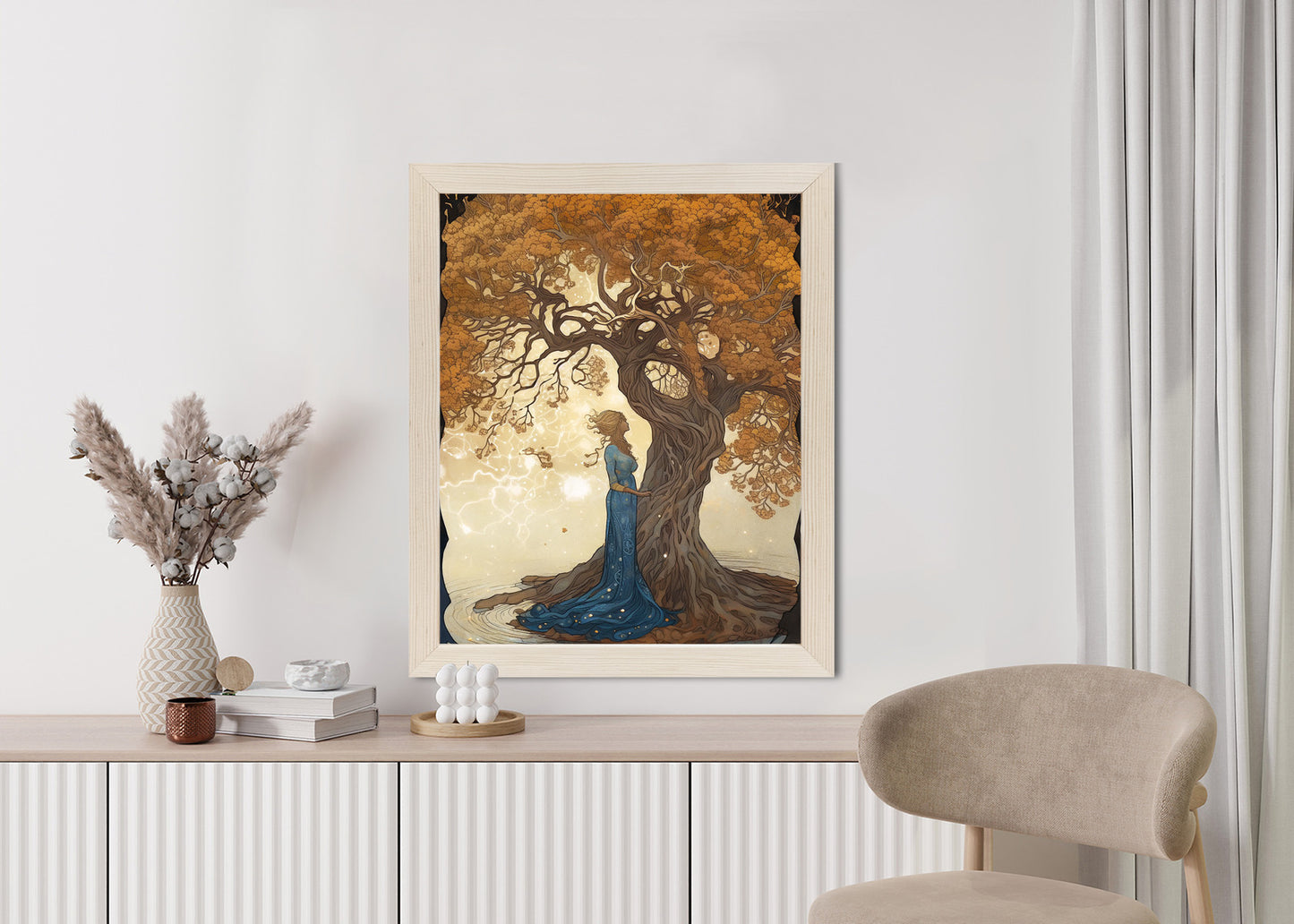 Poster Frau In Der Nähe Eines Verzweigten Baumes Rahmen Holz Mit Passepartout Farbe Natürlich