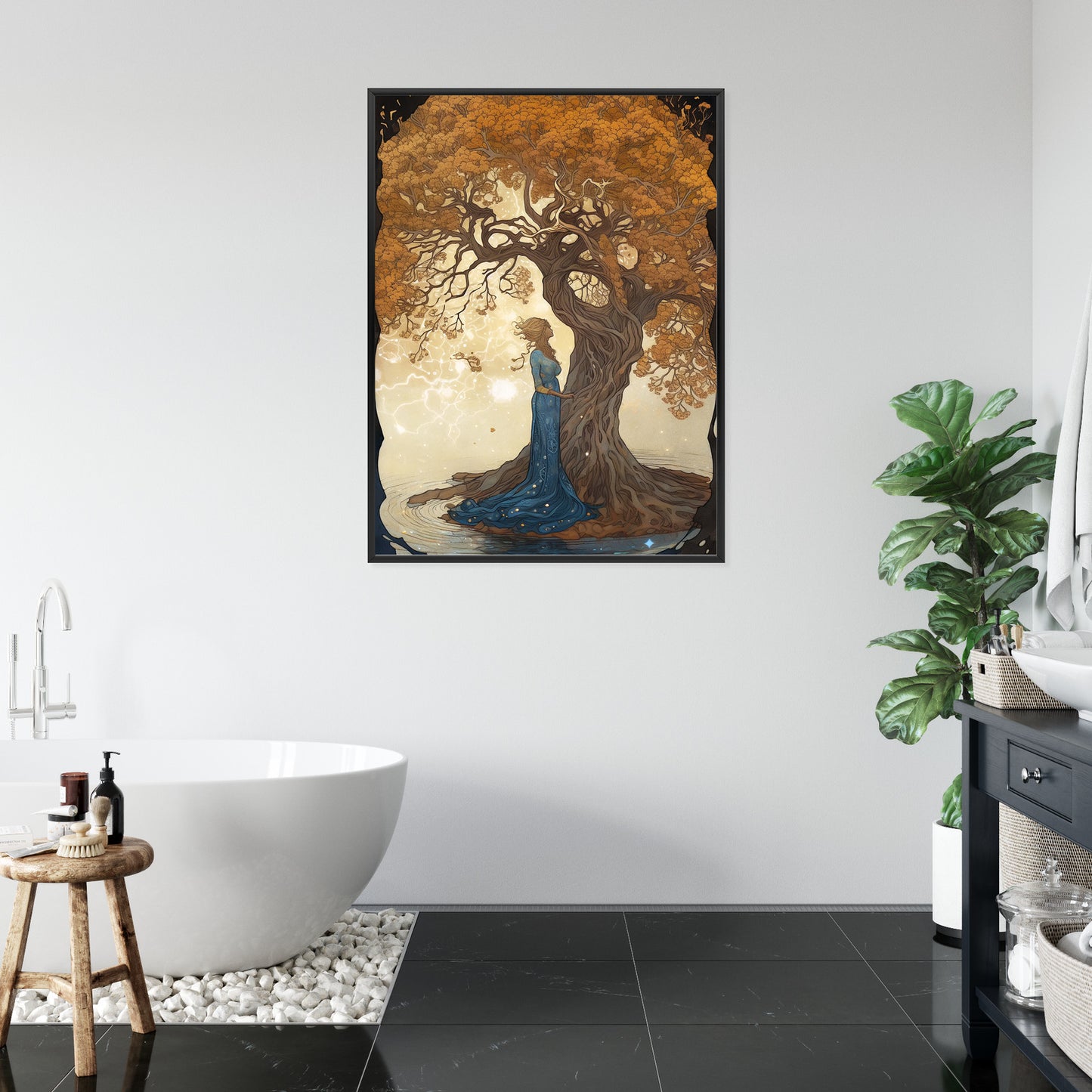 Poster Frau In Der Nähe Eines Verzweigten Baumes Rahmen Holz Mit Passepartout Farbe Natürlich