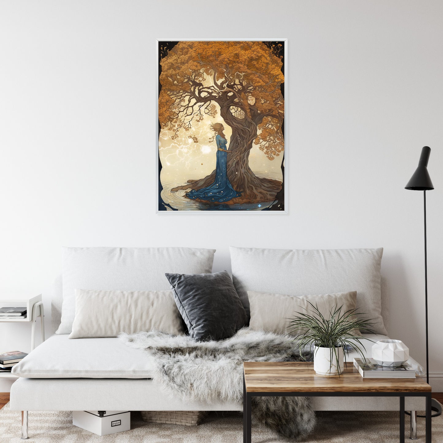 Poster Frau In Der Nähe Eines Verzweigten Baumes Rahmen Holz Mit Passepartout Farbe Natürlich