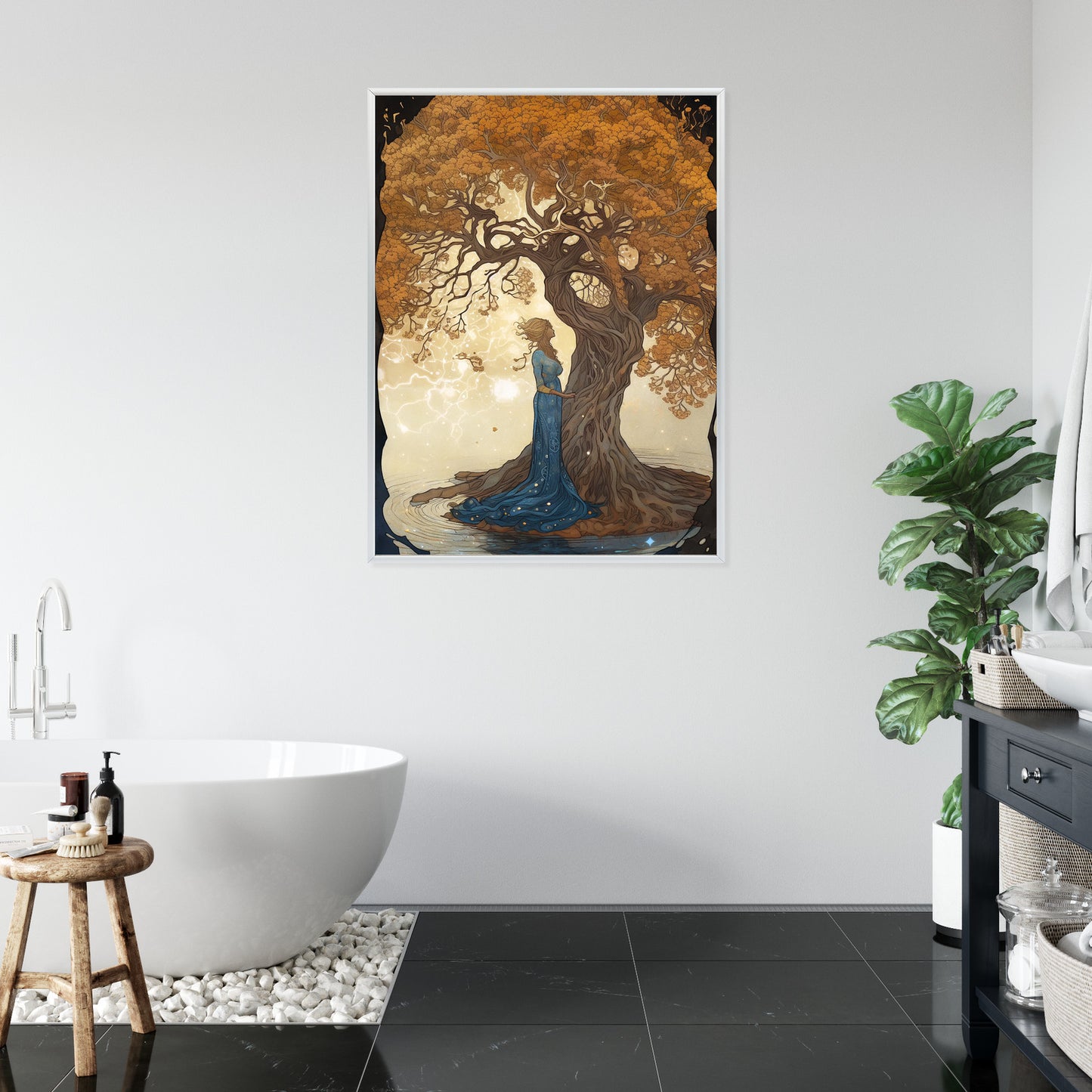 Poster Frau In Der Nähe Eines Verzweigten Baumes Rahmen Holz Mit Passepartout Farbe Natürlich