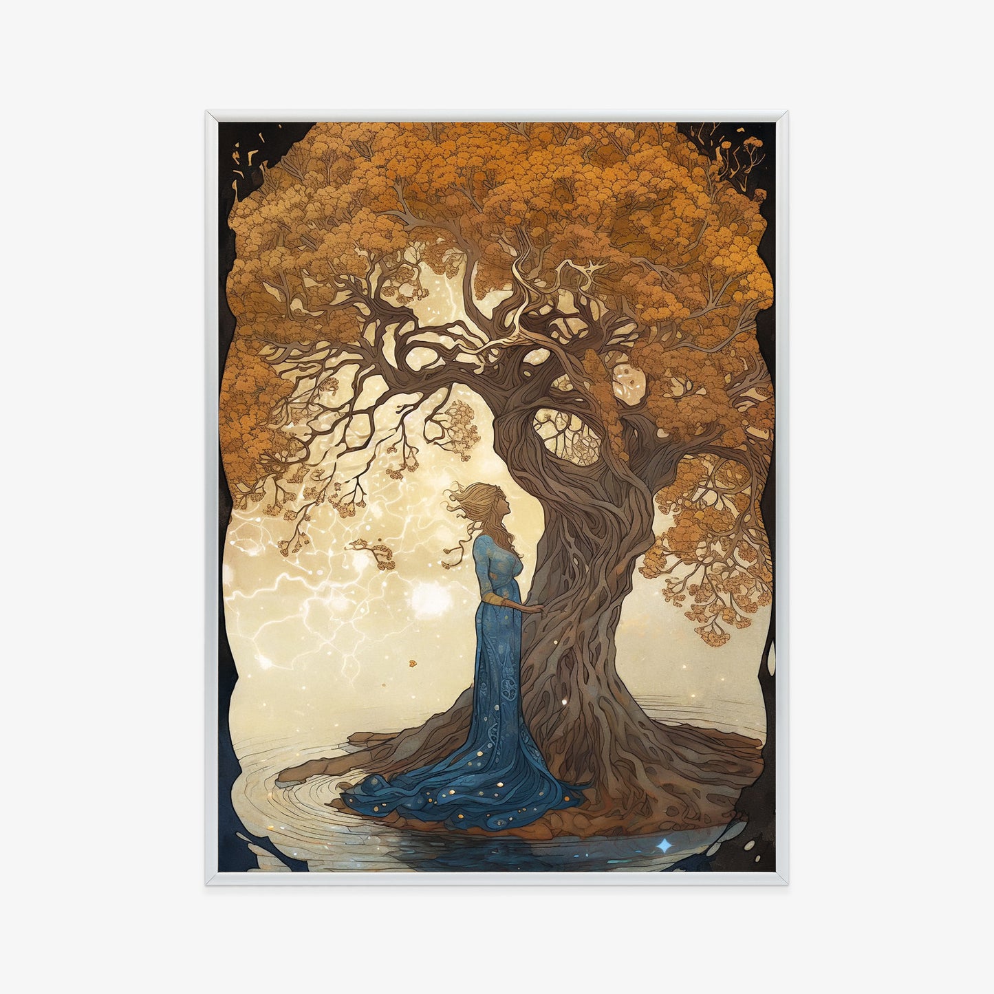 Poster Frau In Der Nähe Eines Verzweigten Baumes Rahmen Holz Mit Passepartout Farbe Natürlich