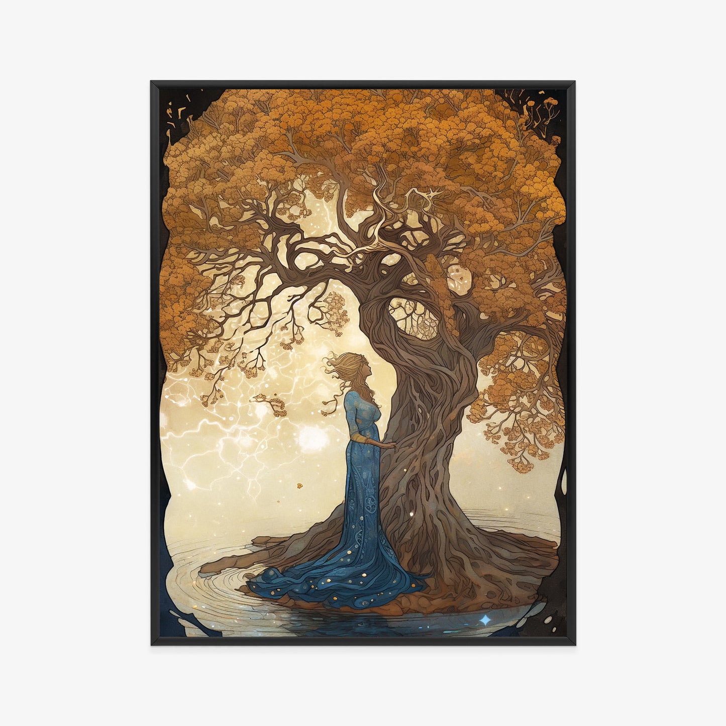 Poster Frau In Der Nähe Eines Verzweigten Baumes Rahmen Holz Mit Passepartout Farbe Natürlich