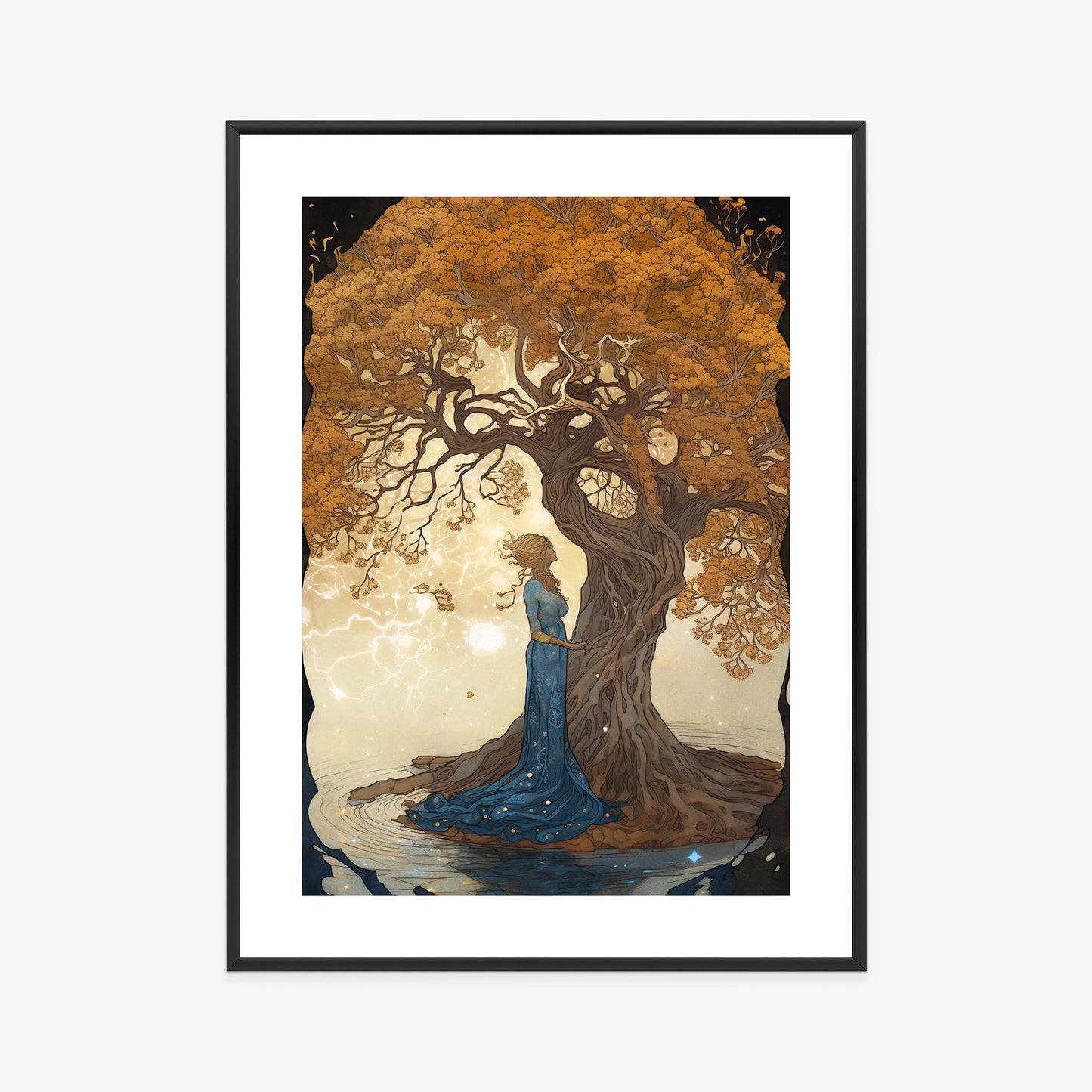 Poster Frau In Der Nähe Eines Verzweigten Baumes Rahmen Holz Mit Passepartout Farbe Natürlich