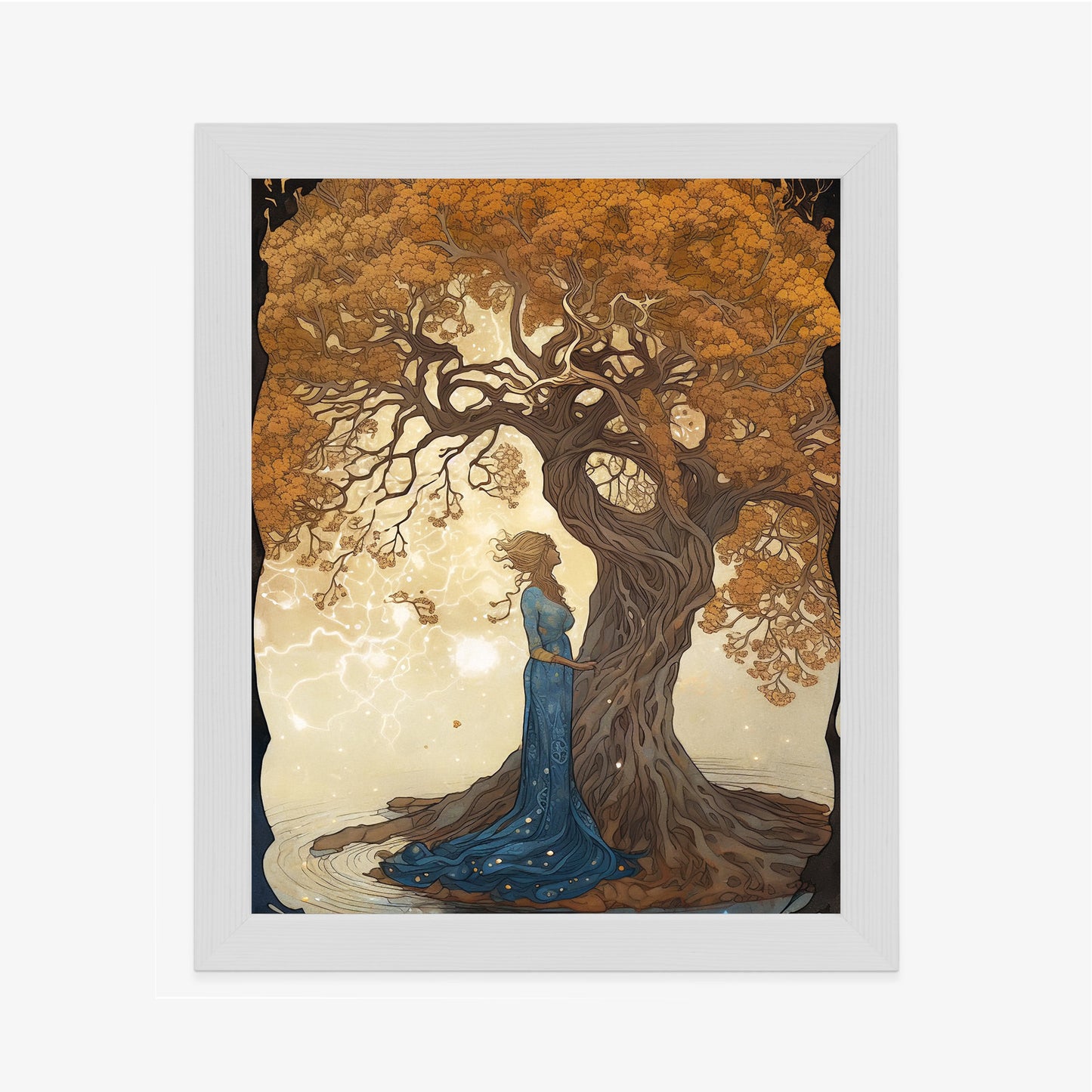 Poster Frau In Der Nähe Eines Verzweigten Baumes Rahmen Holz Mit Passepartout Farbe Natürlich