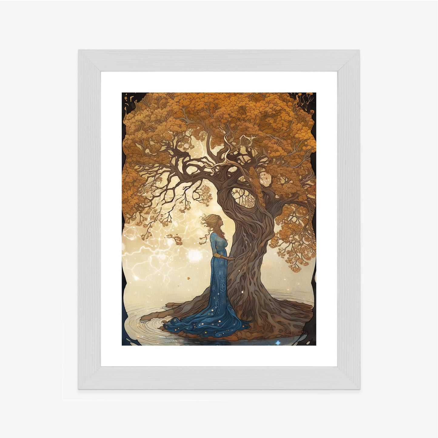 Poster Frau In Der Nähe Eines Verzweigten Baumes Rahmen Holz Mit Passepartout Farbe Natürlich