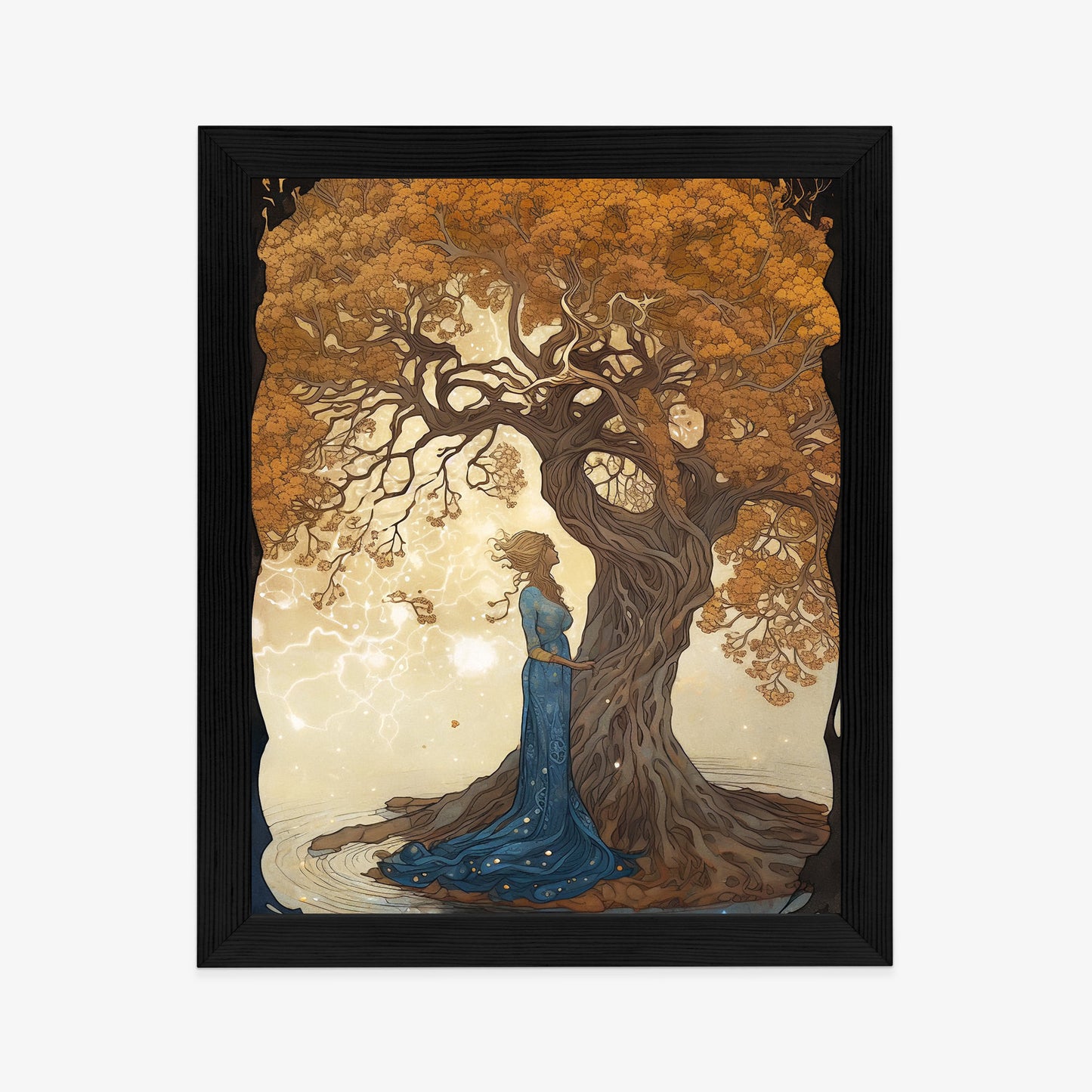 Poster Frau In Der Nähe Eines Verzweigten Baumes Rahmen Holz Mit Passepartout Farbe Natürlich