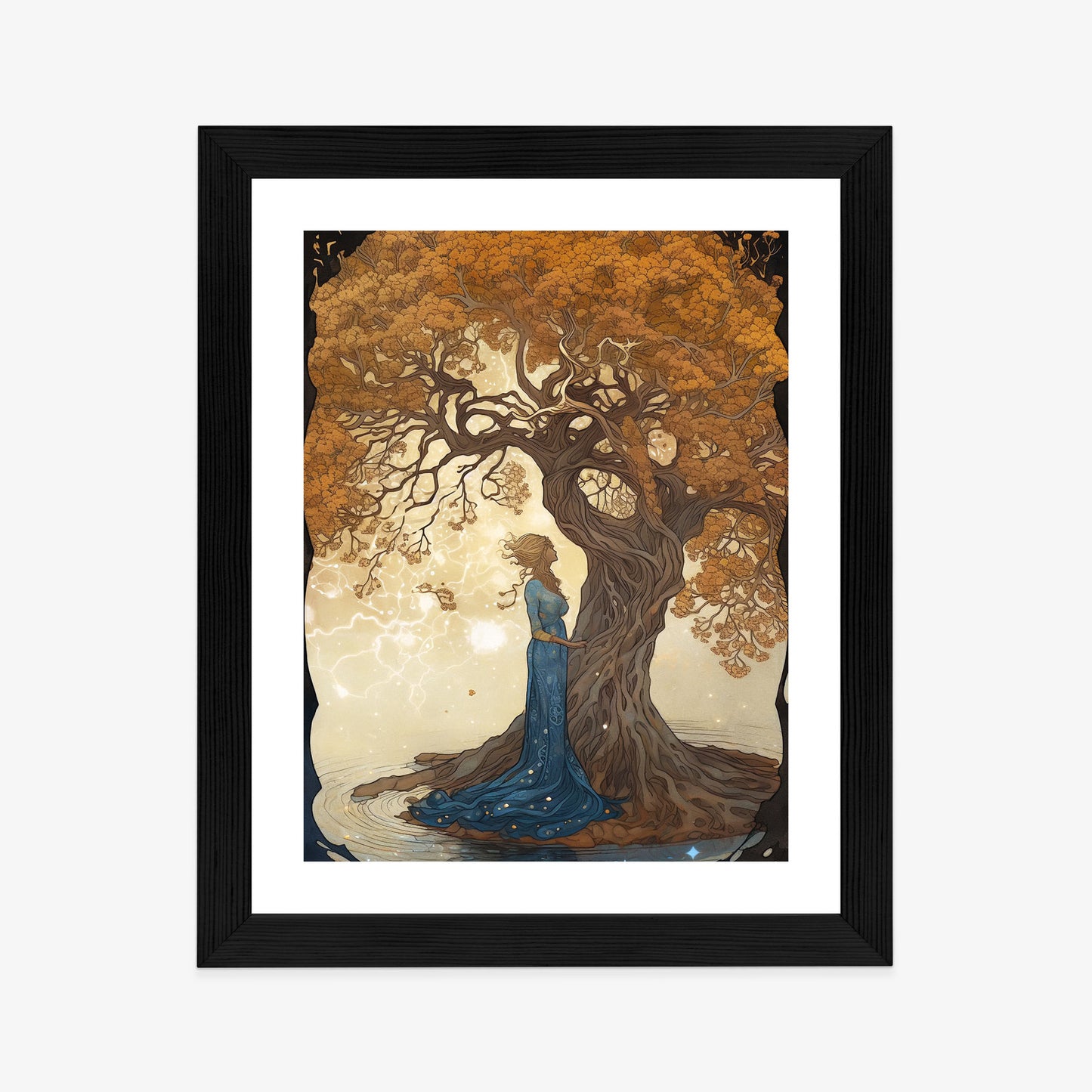 Poster Frau In Der Nähe Eines Verzweigten Baumes Rahmen Holz Mit Passepartout Farbe Natürlich