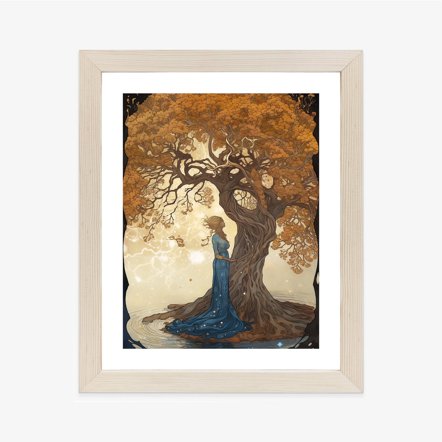 Poster Frau In Der Nähe Eines Verzweigten Baumes Rahmen Holz Mit Passepartout Farbe Natürlich
