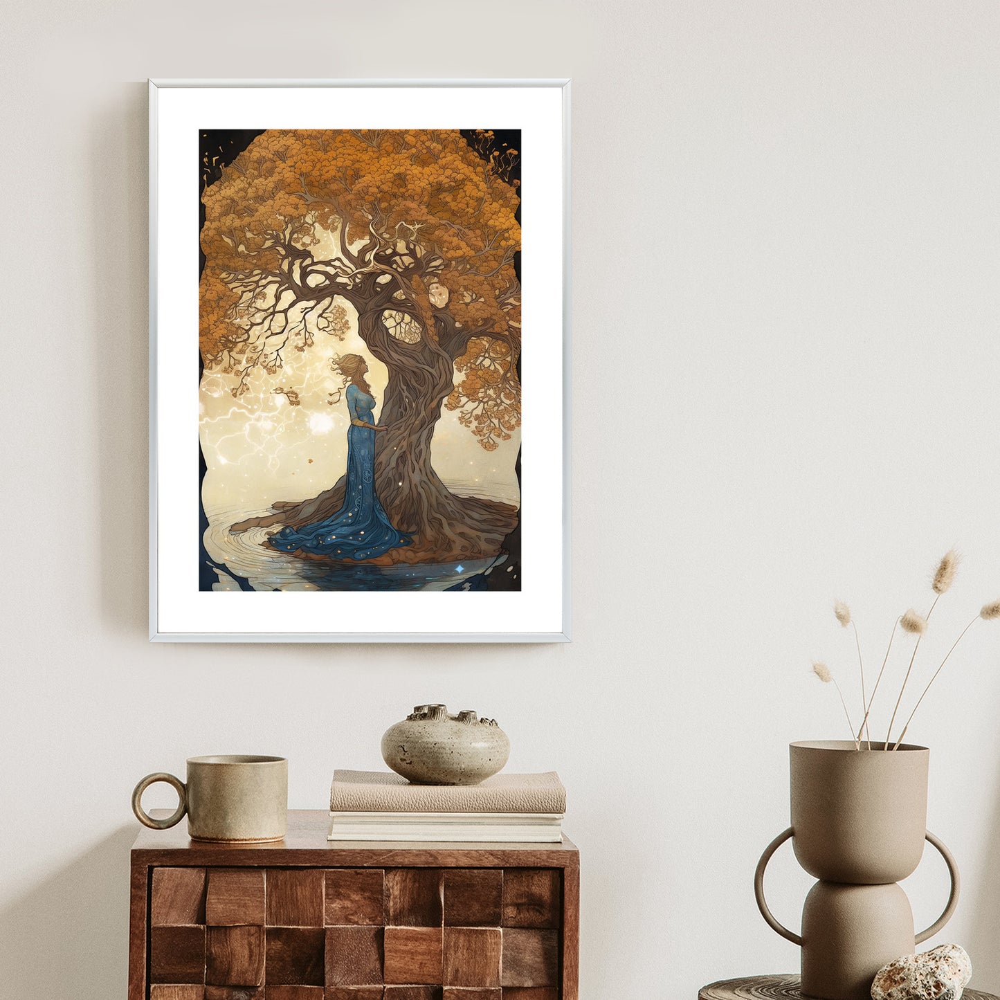 Poster Frau In Der Nähe Eines Verzweigten Baumes Rahmen Holz Mit Passepartout Farbe Natürlich