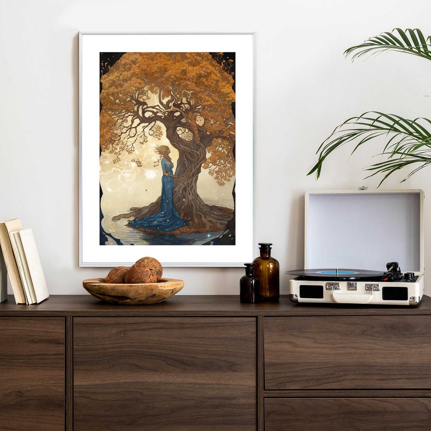 Poster Frau In Der Nähe Eines Verzweigten Baumes Rahmen Holz Mit Passepartout Farbe Natürlich