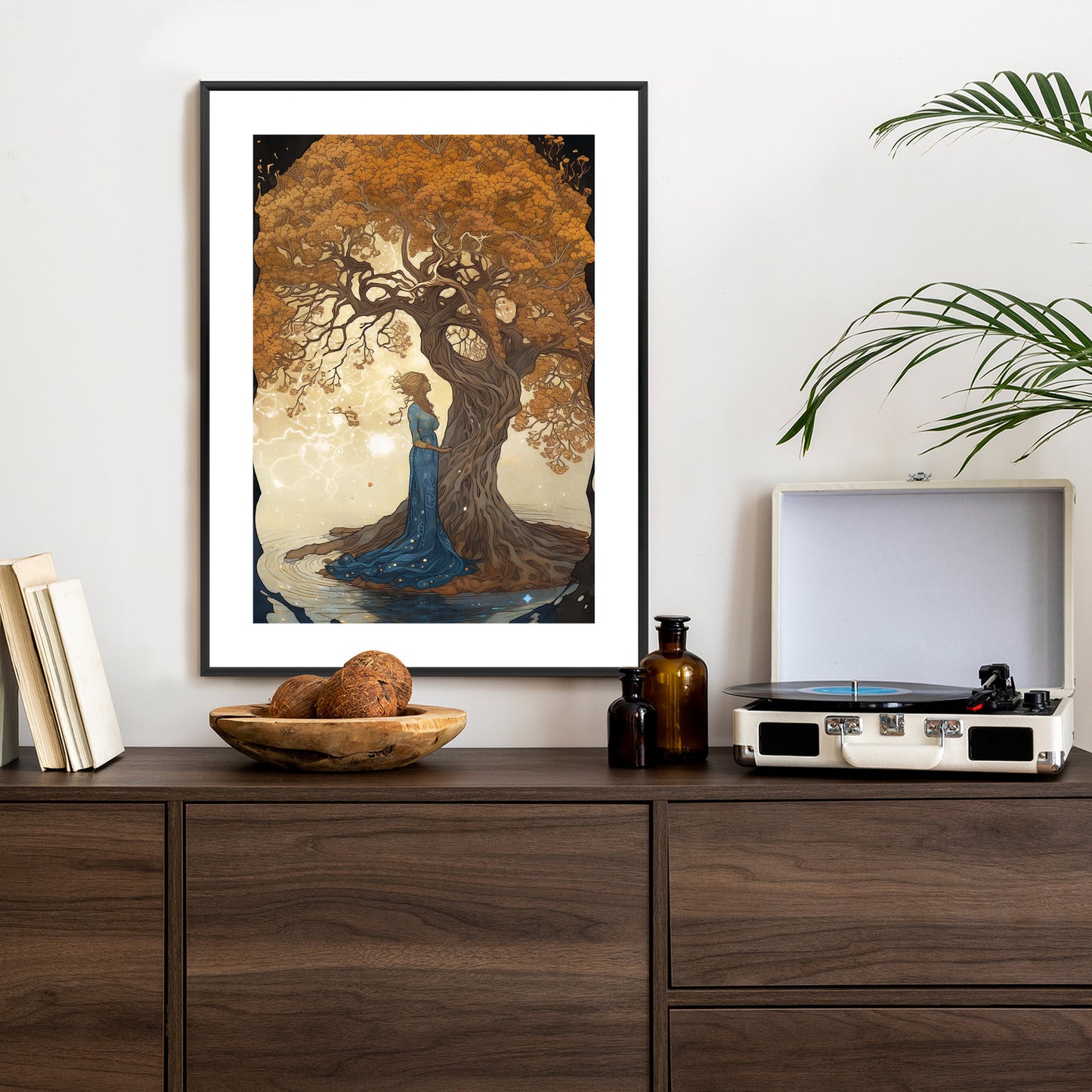 Poster Frau In Der Nähe Eines Verzweigten Baumes Rahmen Holz Mit Passepartout Farbe Natürlich