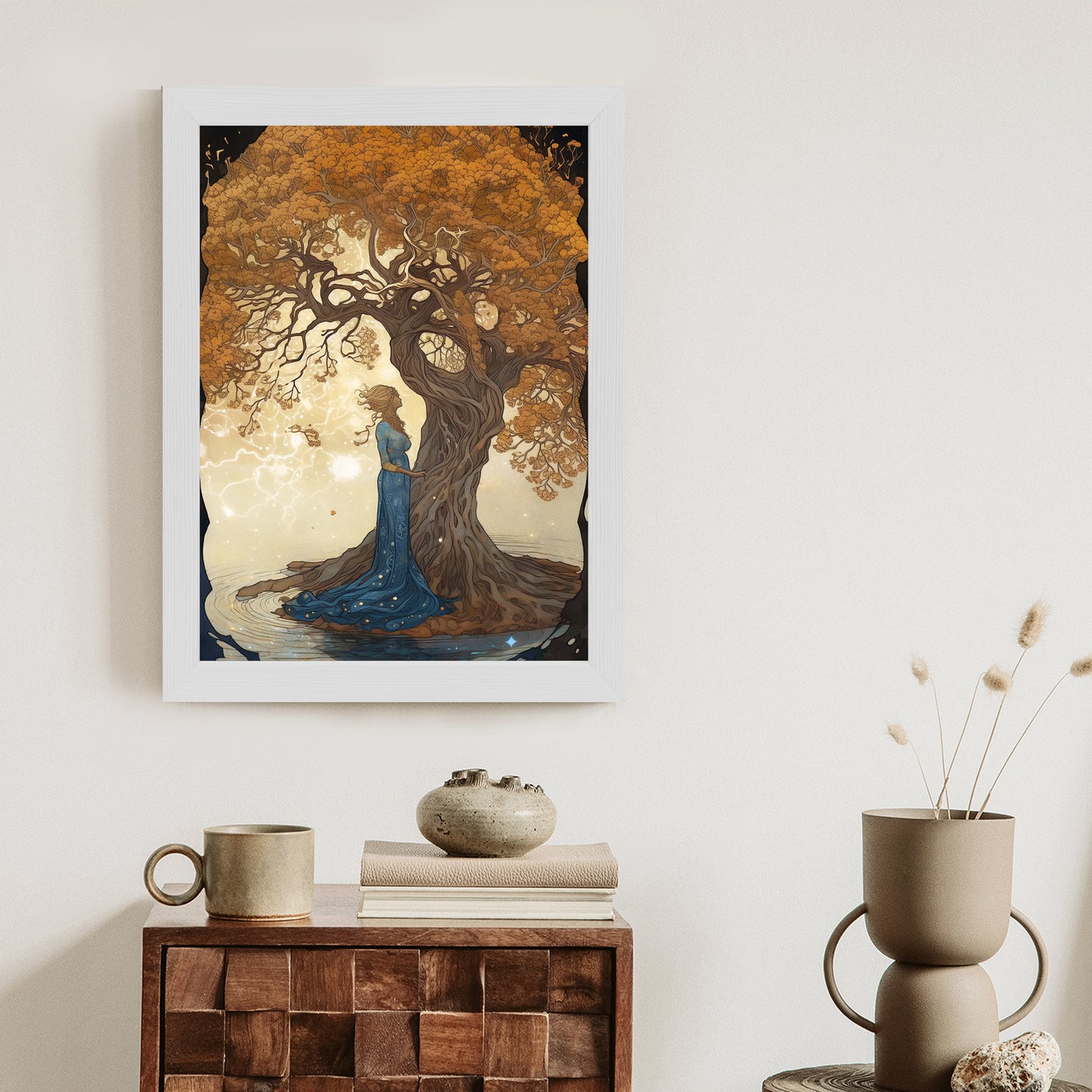 Poster Frau In Der Nähe Eines Verzweigten Baumes Rahmen Holz Mit Passepartout Farbe Natürlich