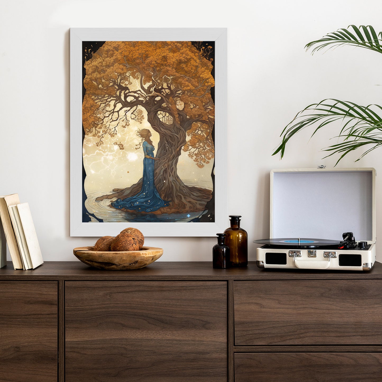 Poster Frau In Der Nähe Eines Verzweigten Baumes Rahmen Holz Mit Passepartout Farbe Natürlich