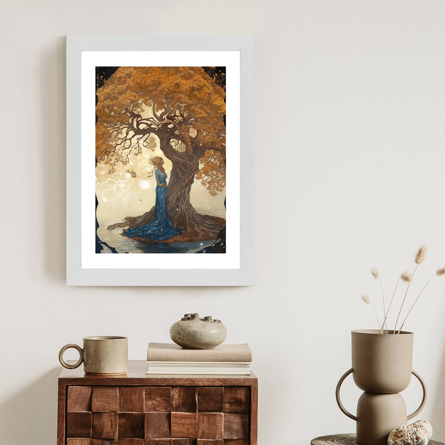 Poster Frau In Der Nähe Eines Verzweigten Baumes Rahmen Holz Mit Passepartout Farbe Natürlich