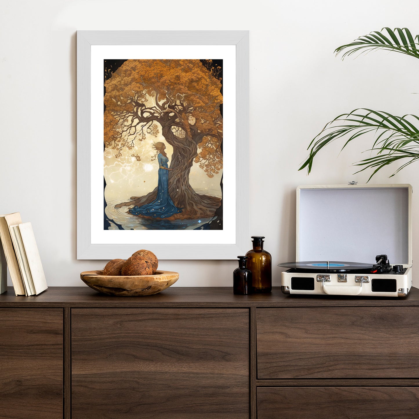 Poster Frau In Der Nähe Eines Verzweigten Baumes Rahmen Holz Mit Passepartout Farbe Natürlich