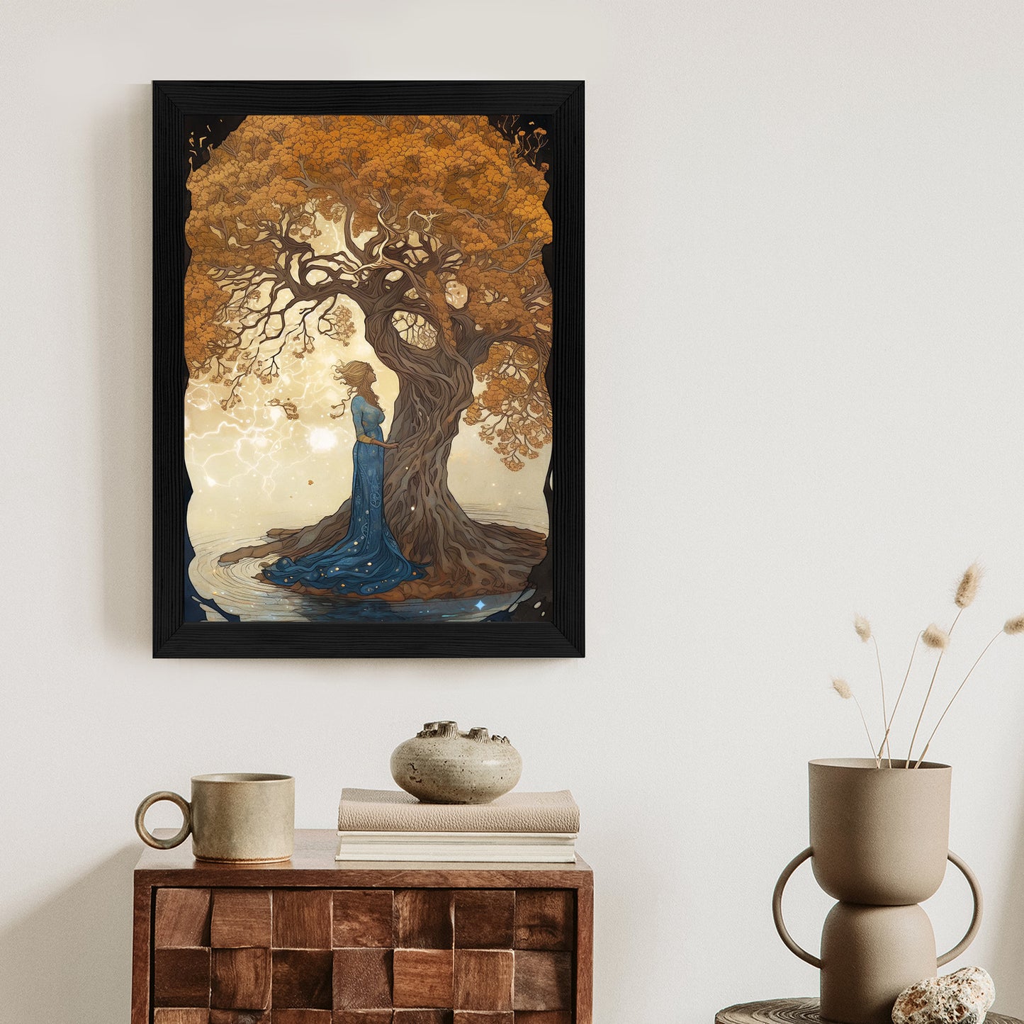 Poster Frau In Der Nähe Eines Verzweigten Baumes Rahmen Holz Mit Passepartout Farbe Natürlich