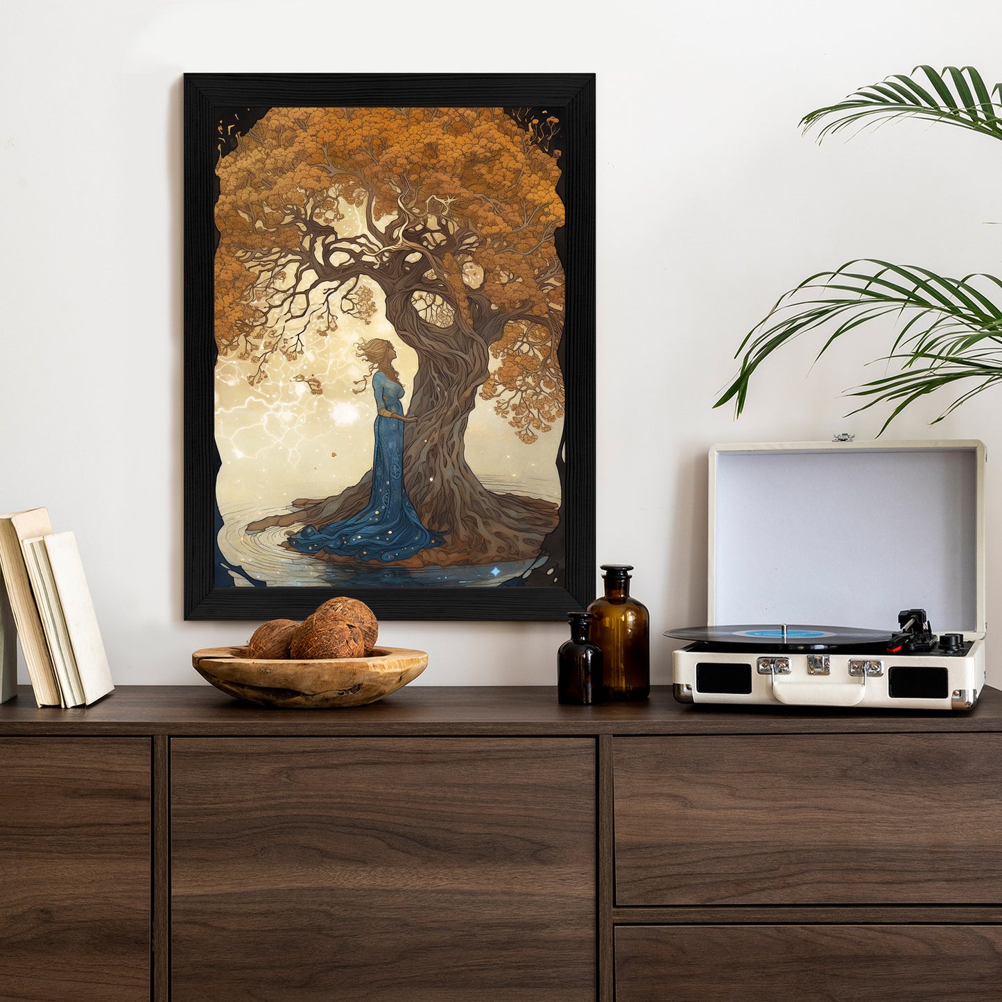Poster Frau In Der Nähe Eines Verzweigten Baumes Rahmen Holz Mit Passepartout Farbe Natürlich