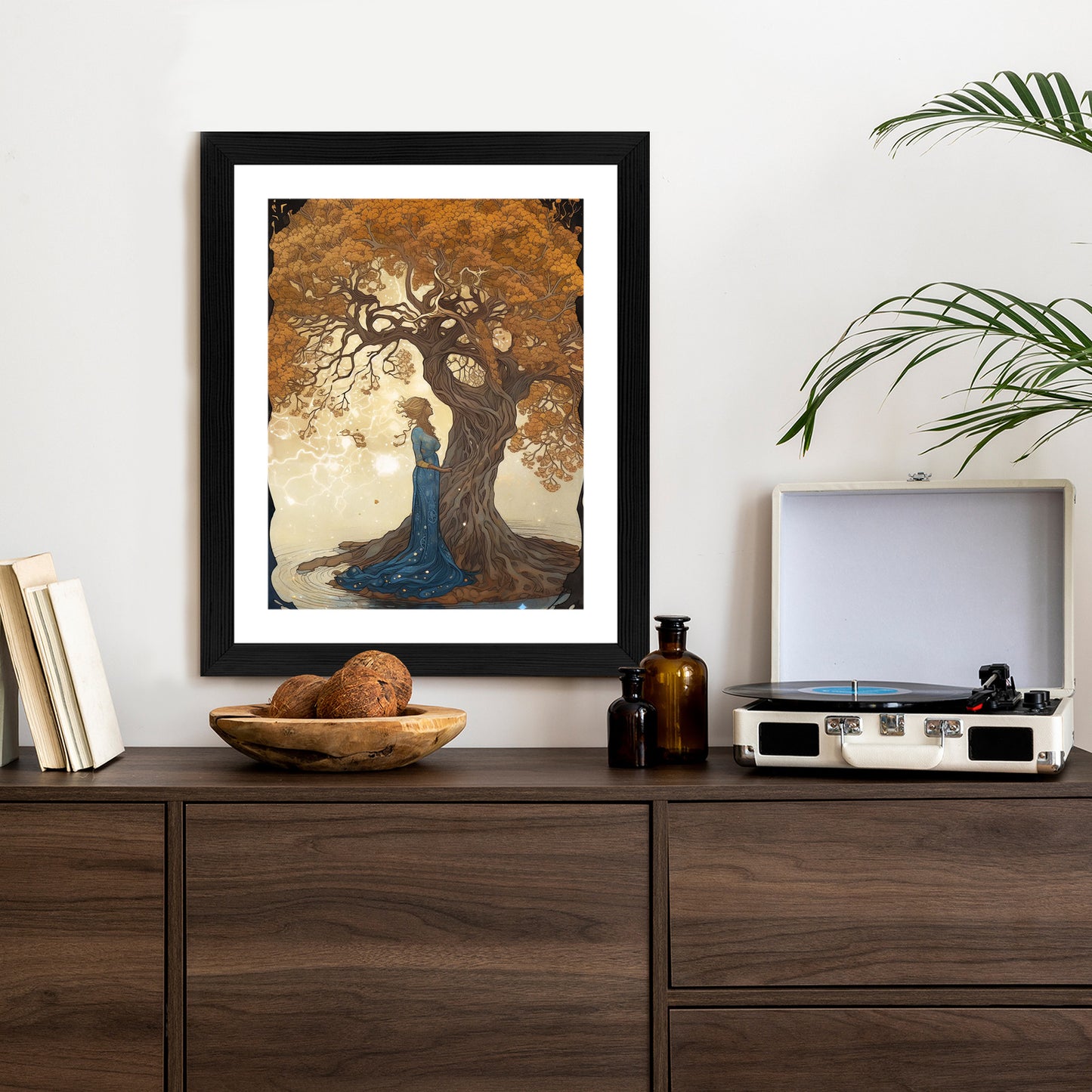 Poster Frau In Der Nähe Eines Verzweigten Baumes Rahmen Holz Mit Passepartout Farbe Natürlich