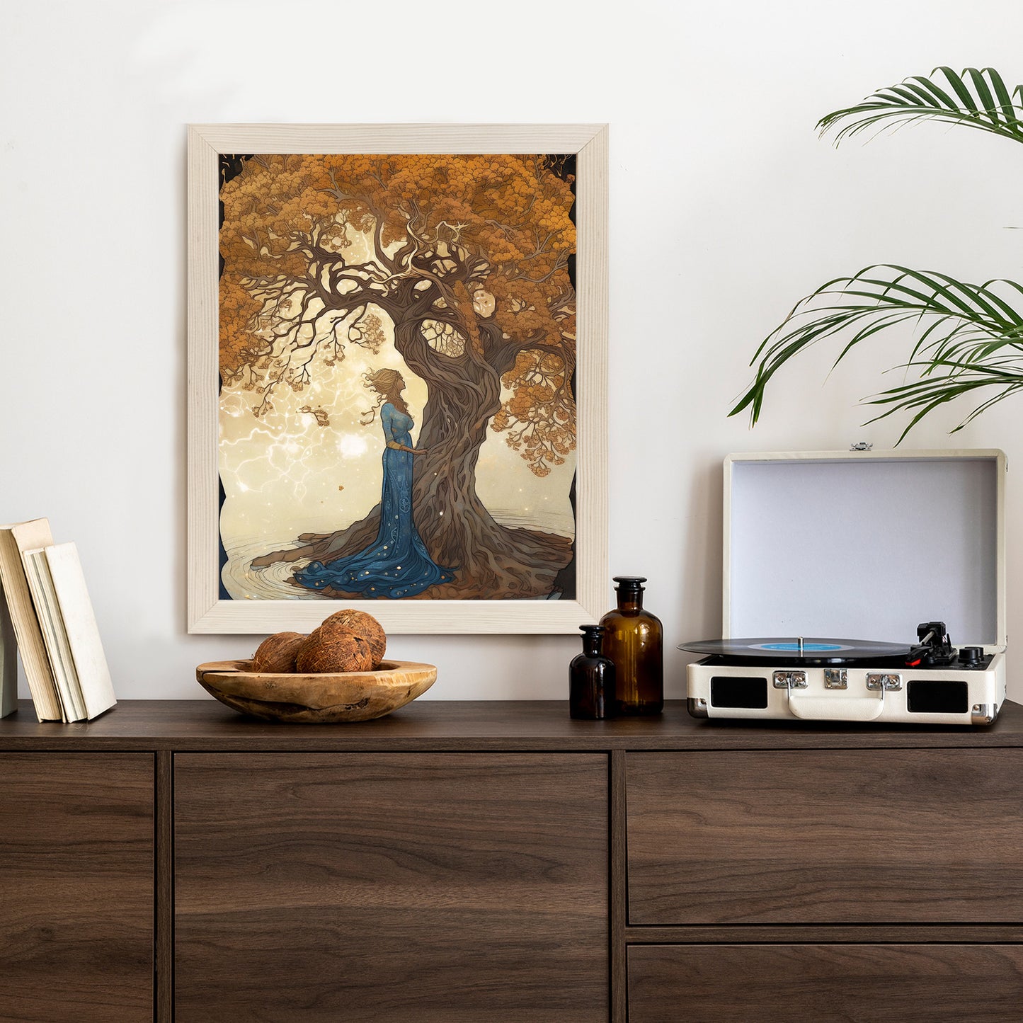Poster Frau In Der Nähe Eines Verzweigten Baumes Rahmen Holz Mit Passepartout Farbe Natürlich