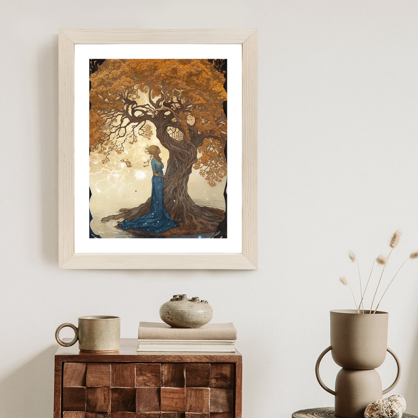 Poster Frau In Der Nähe Eines Verzweigten Baumes Rahmen Holz Mit Passepartout Farbe Natürlich