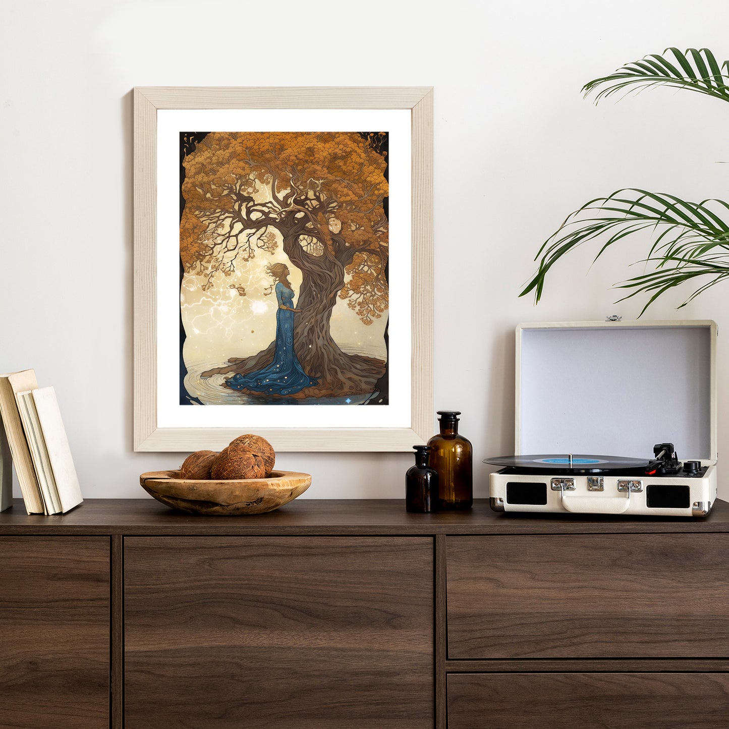 Poster Frau In Der Nähe Eines Verzweigten Baumes Rahmen Holz Mit Passepartout Farbe Natürlich