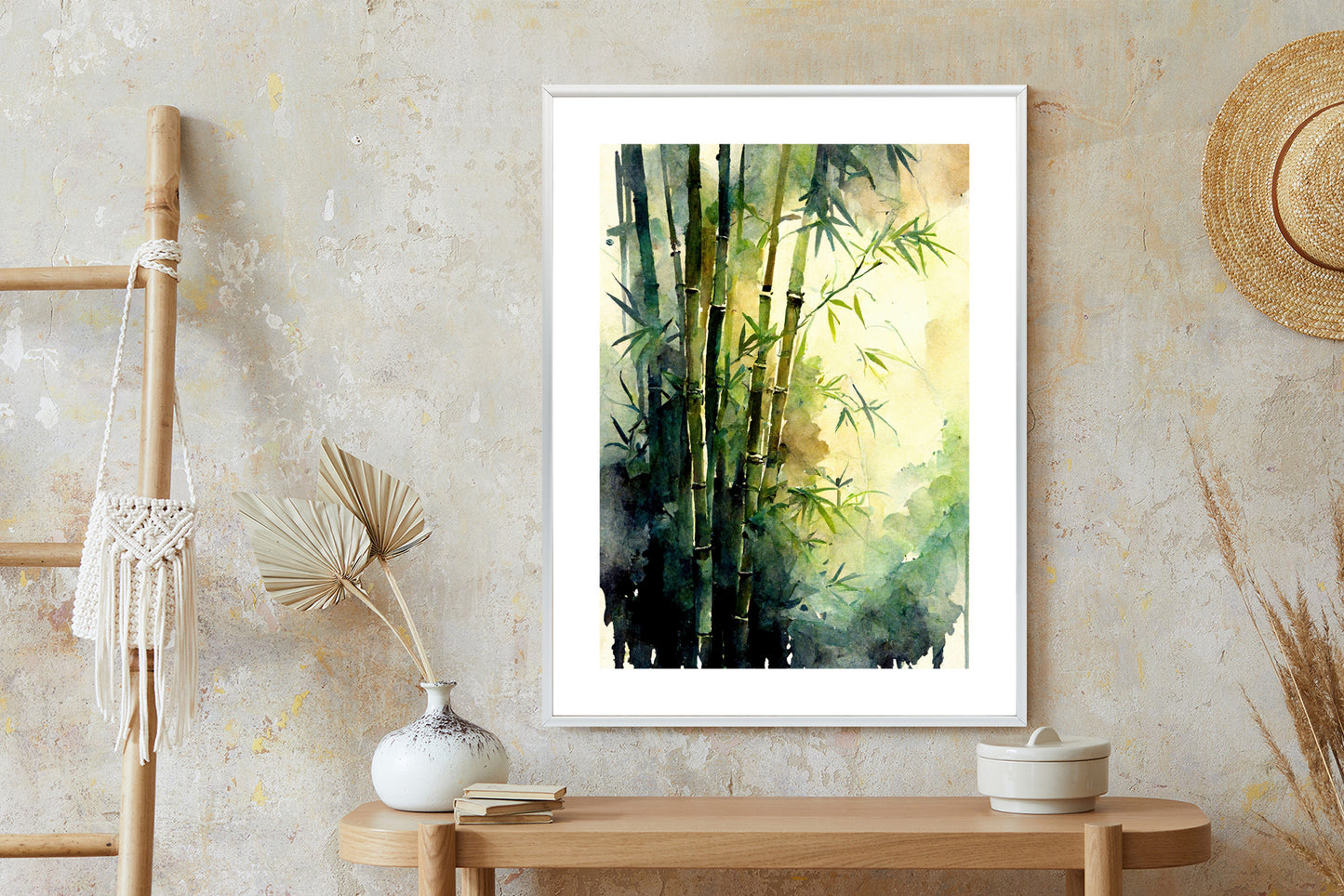 Poster Aquarell Bambuswald Rahmen Holz Mit Passepartout Farbe Natürlich