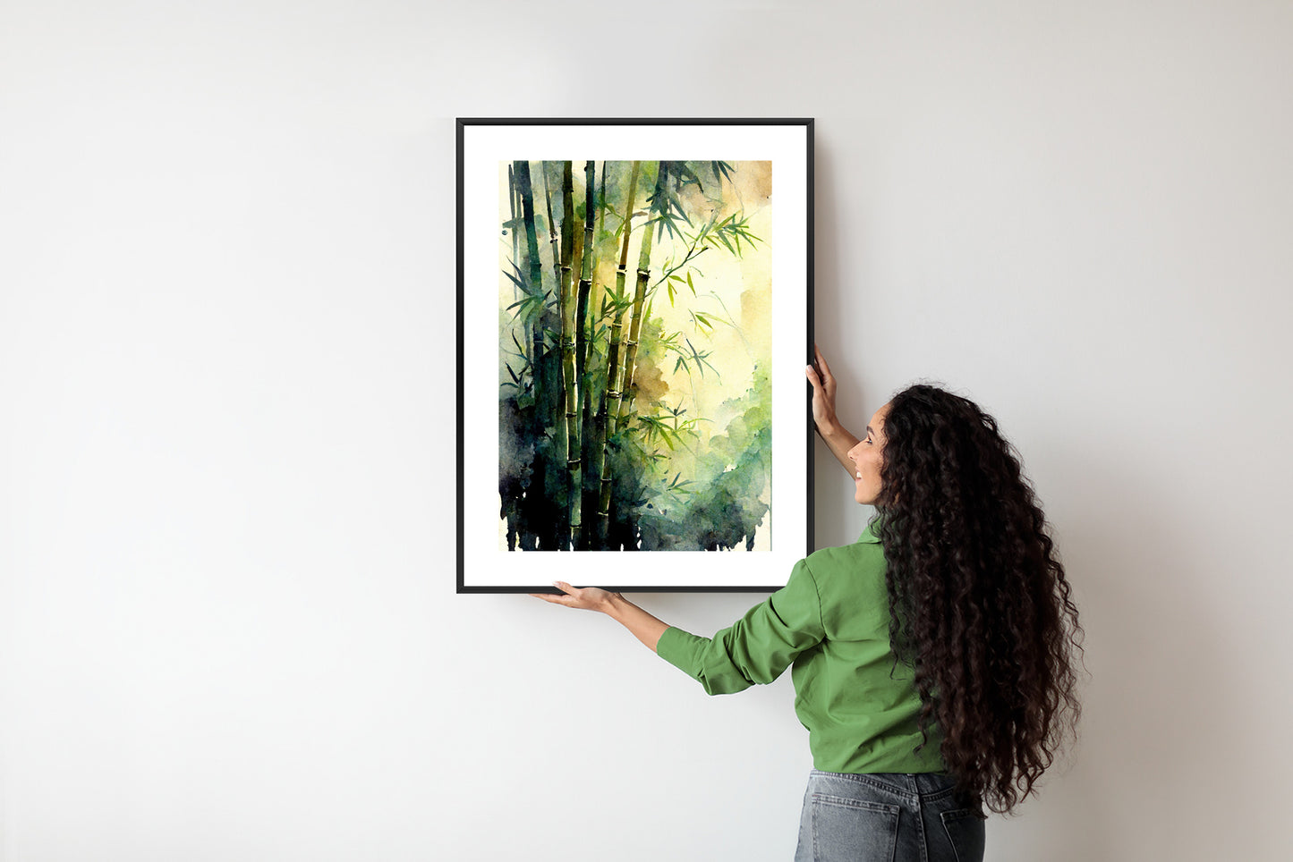 Poster Aquarell Bambuswald Rahmen Holz Mit Passepartout Farbe Natürlich