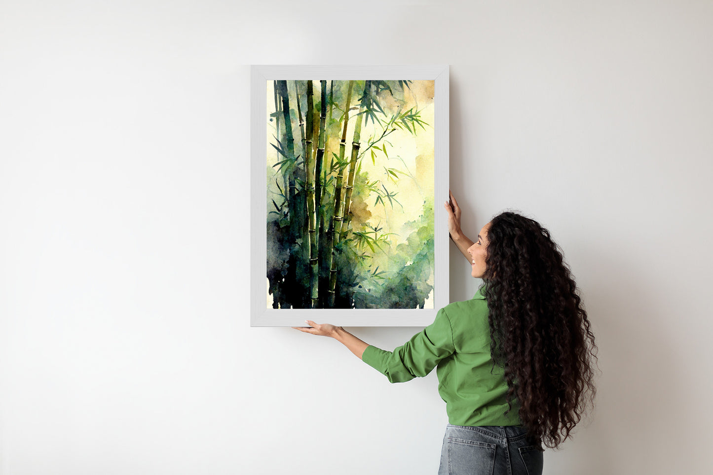 Poster Aquarell Bambuswald Rahmen Holz Mit Passepartout Farbe Natürlich