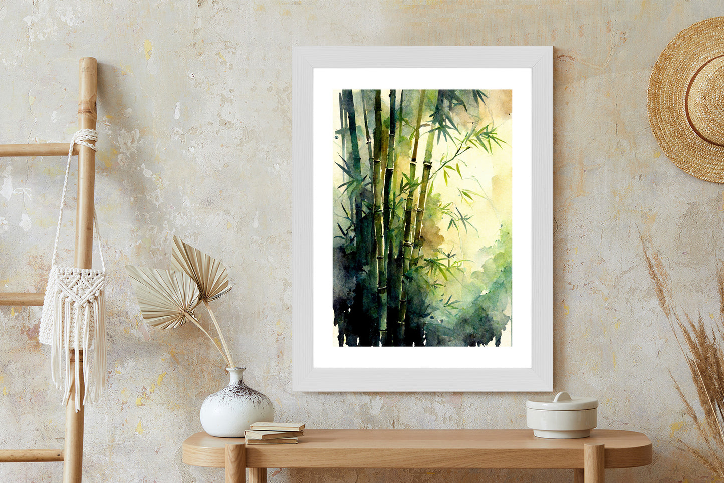 Poster Aquarell Bambuswald Rahmen Holz Mit Passepartout Farbe Natürlich