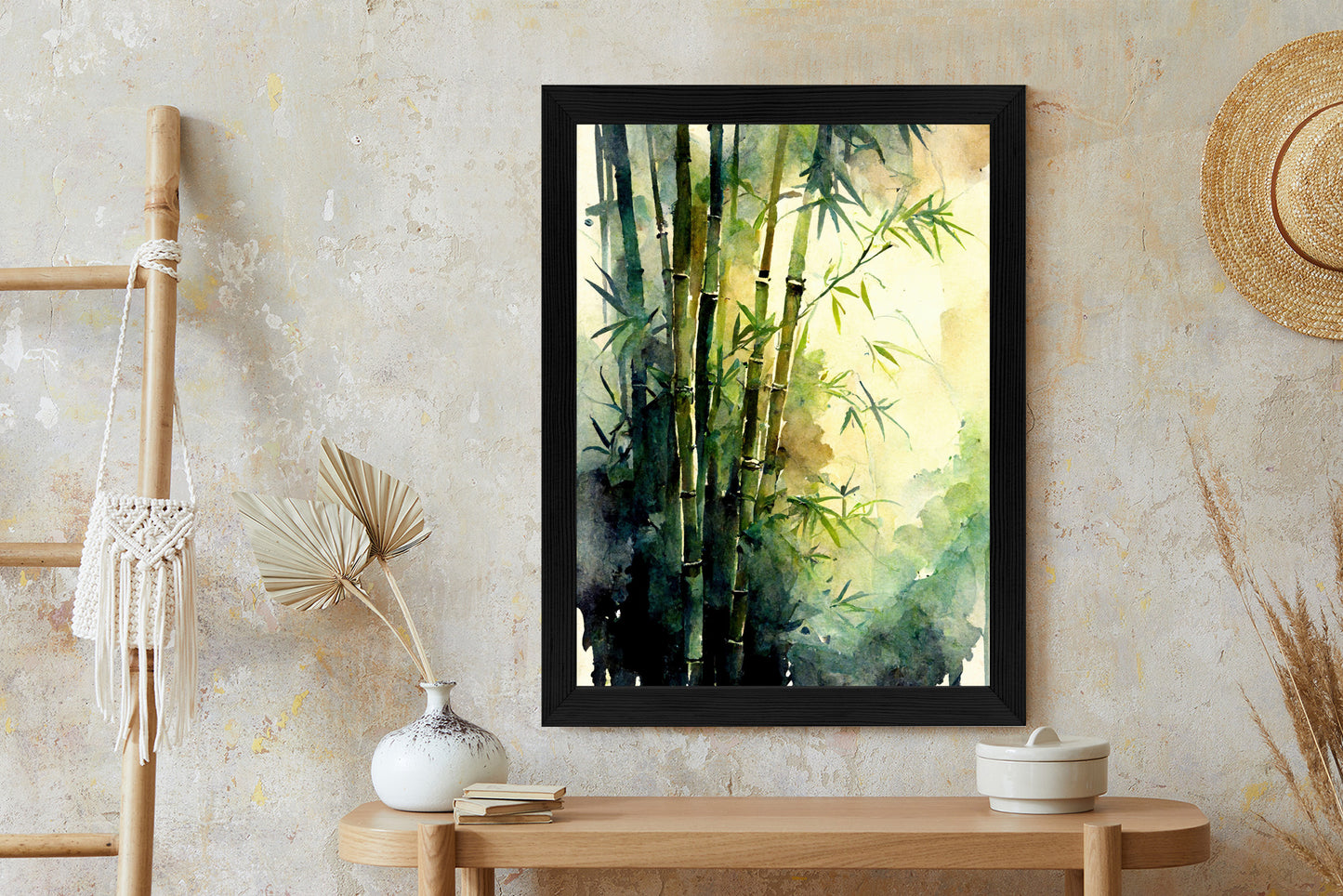 Poster Aquarell Bambuswald Rahmen Holz Mit Passepartout Farbe Natürlich