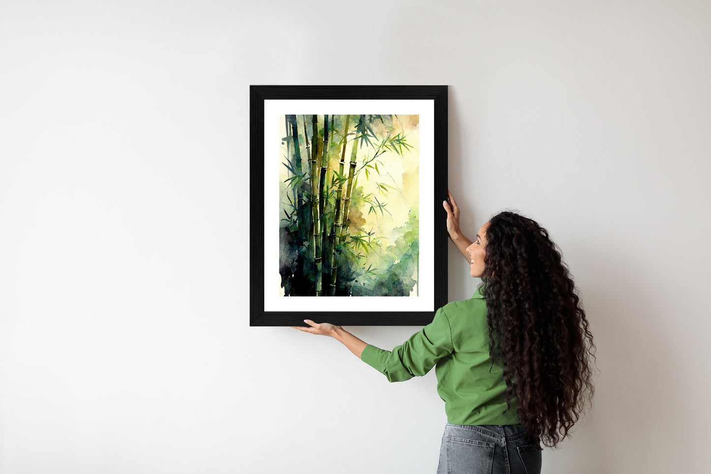 Poster Aquarell Bambuswald Rahmen Holz Mit Passepartout Farbe Natürlich