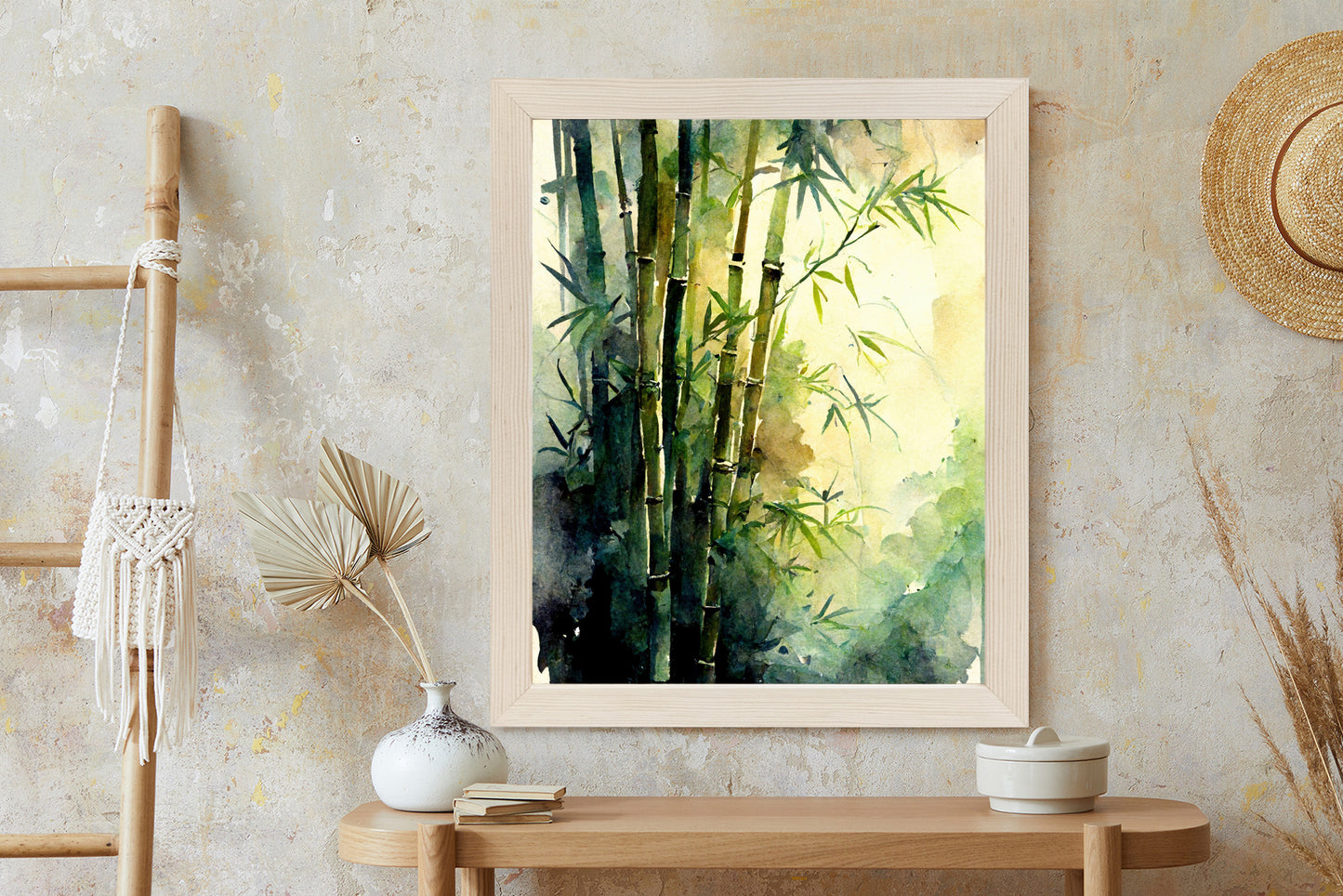 Poster Aquarell Bambuswald Rahmen Holz Mit Passepartout Farbe Natürlich
