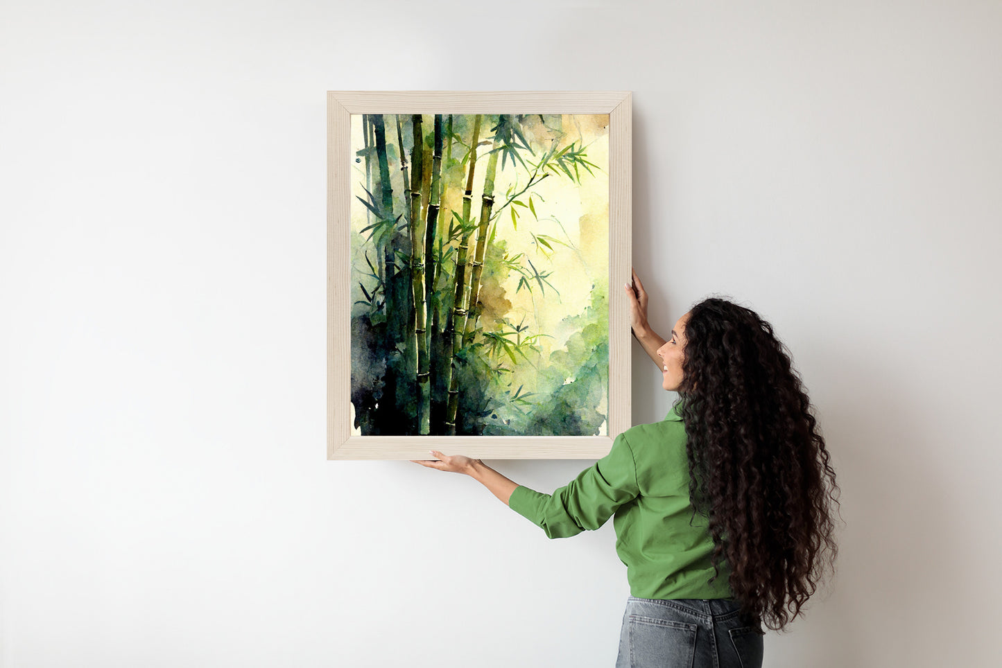 Poster Aquarell Bambuswald Rahmen Holz Mit Passepartout Farbe Natürlich