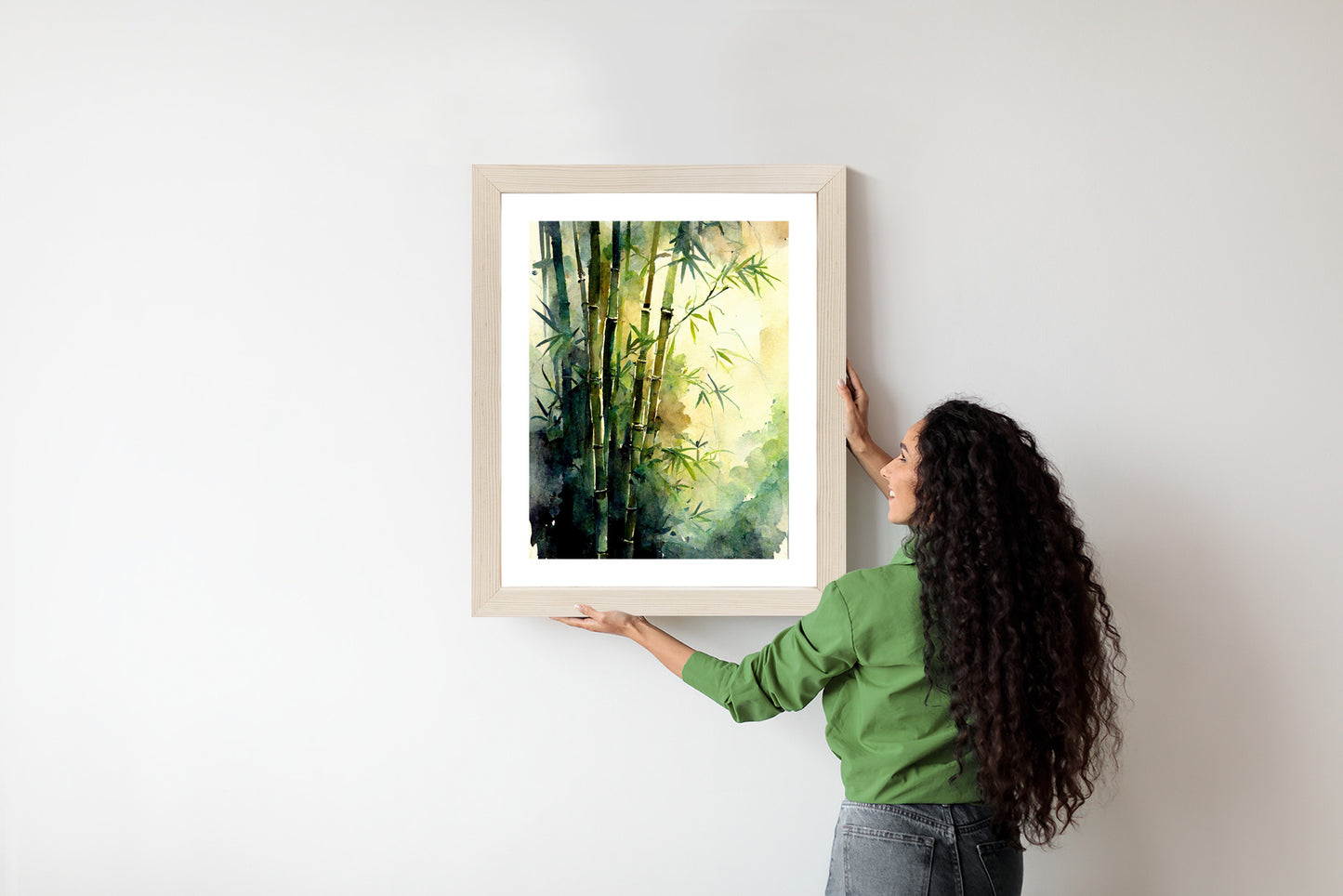 Poster Aquarell Bambuswald Rahmen Holz Mit Passepartout Farbe Natürlich