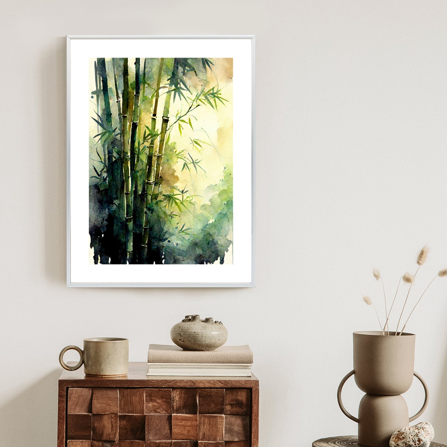 Poster Aquarell Bambuswald Rahmen Holz Mit Passepartout Farbe Natürlich