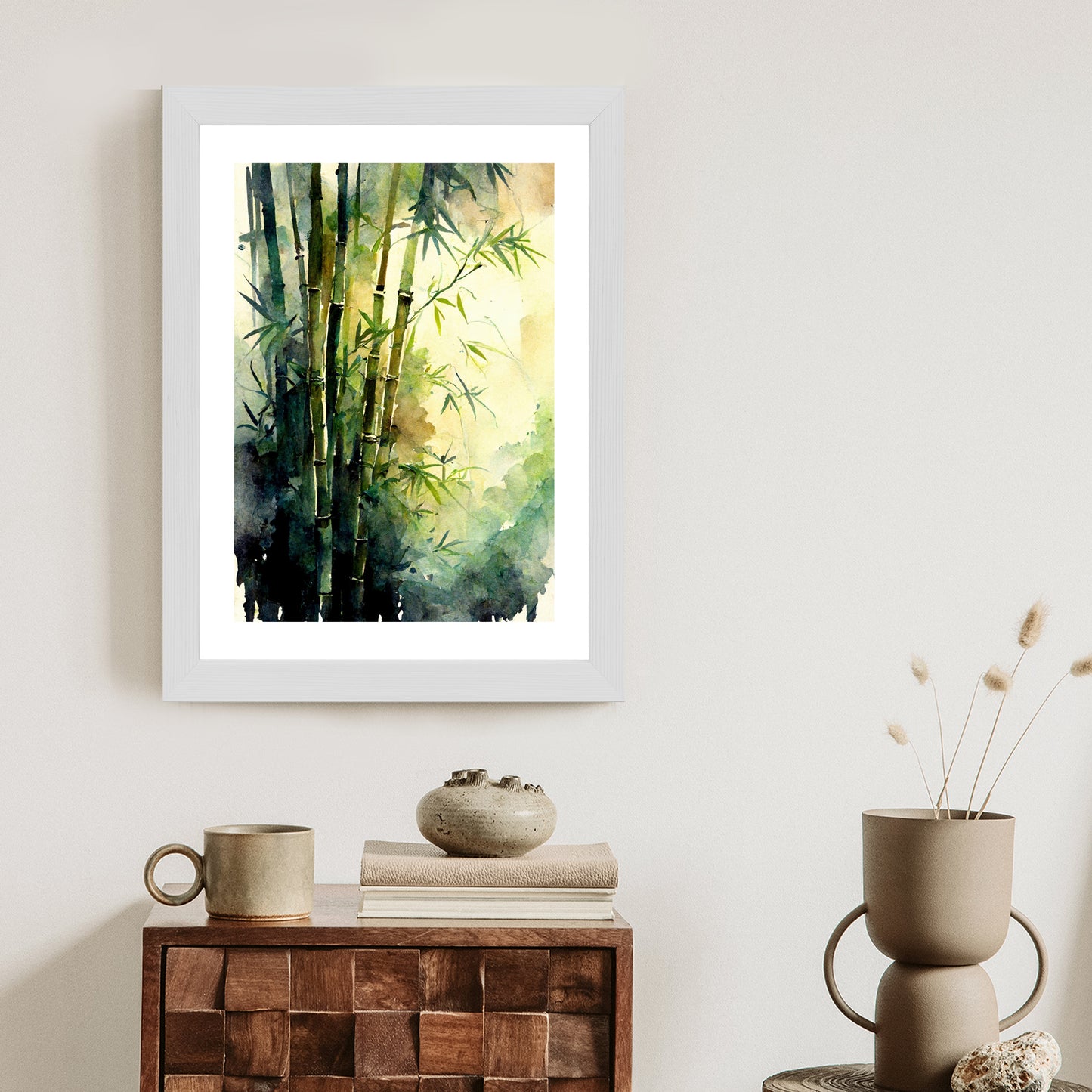 Poster Aquarell Bambuswald Rahmen Holz Mit Passepartout Farbe Natürlich