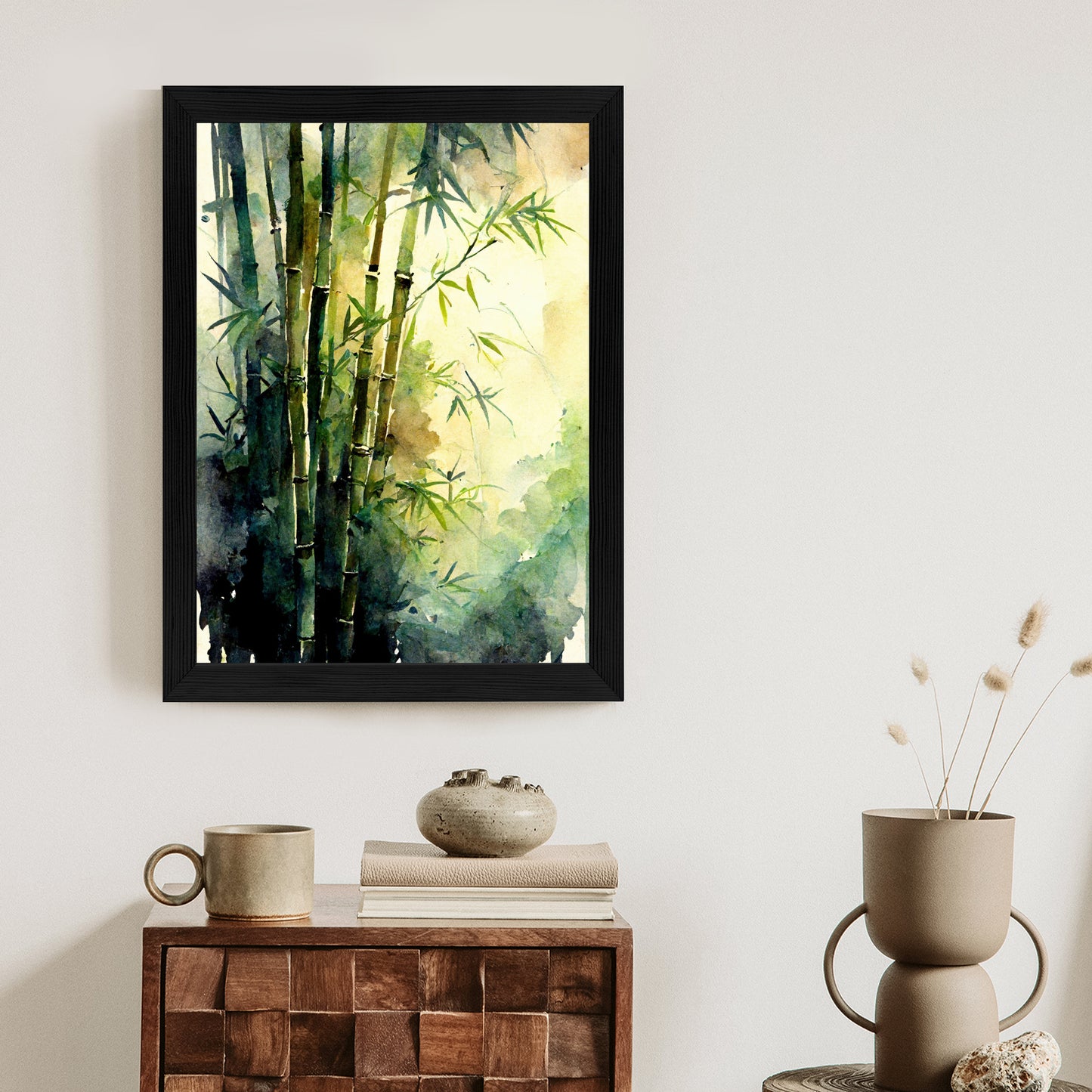 Poster Aquarell Bambuswald Rahmen Holz Mit Passepartout Farbe Natürlich