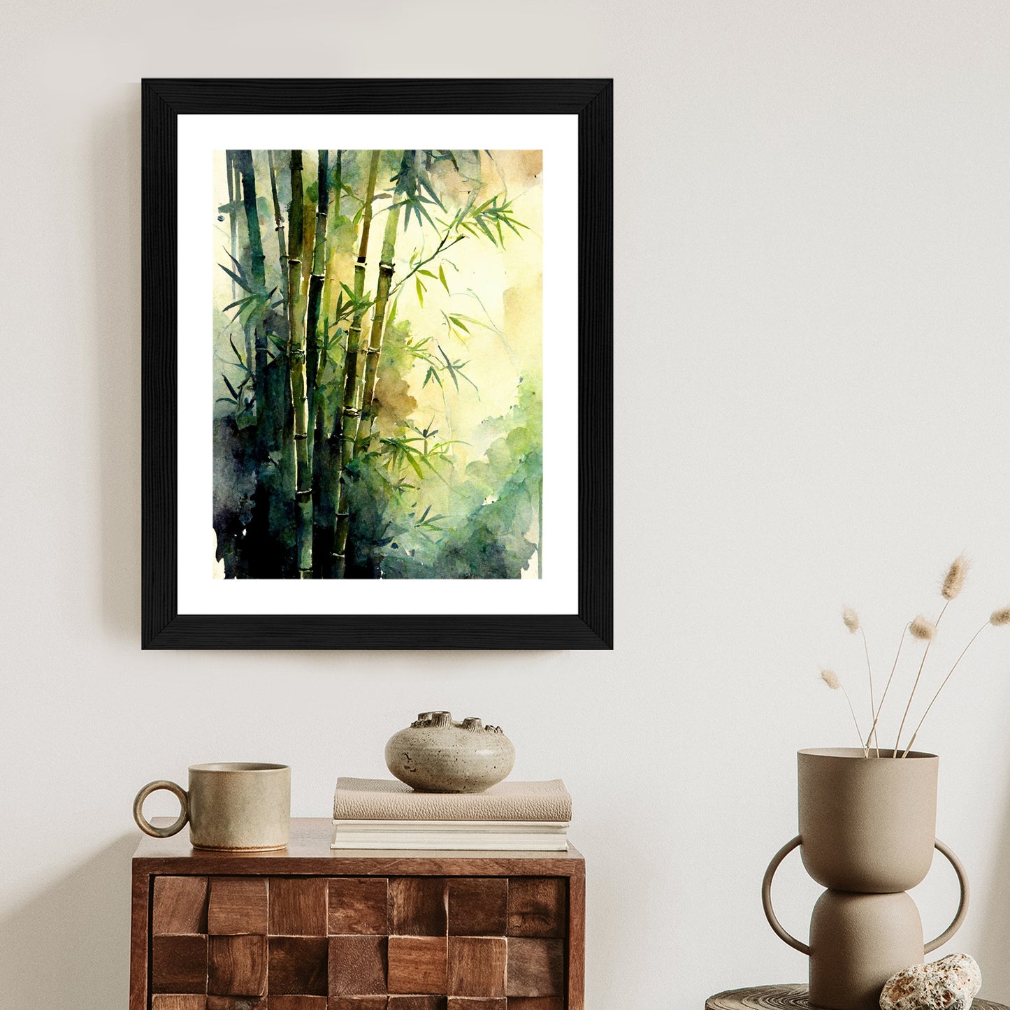 Poster Aquarell Bambuswald Rahmen Holz Mit Passepartout Farbe Natürlich