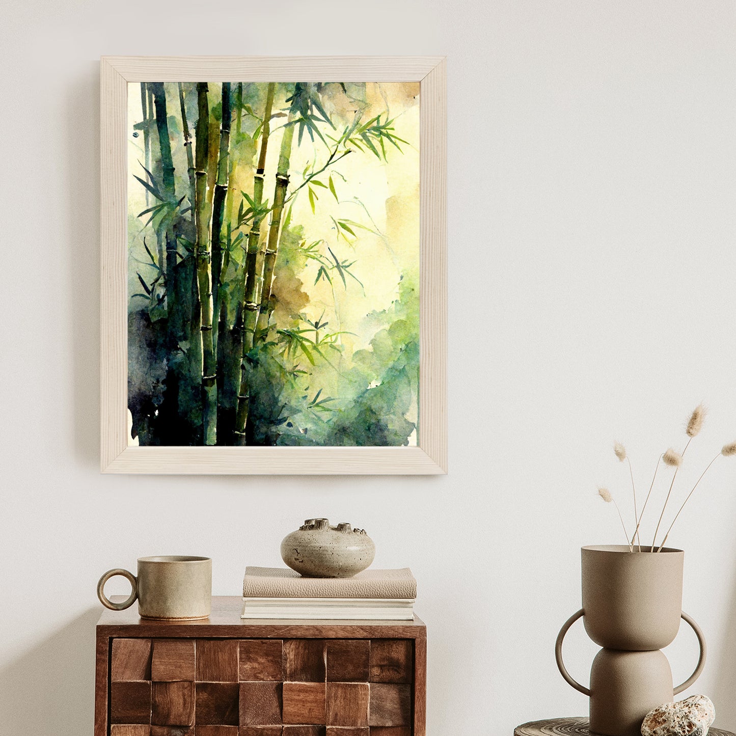 Poster Aquarell Bambuswald Rahmen Holz Mit Passepartout Farbe Natürlich