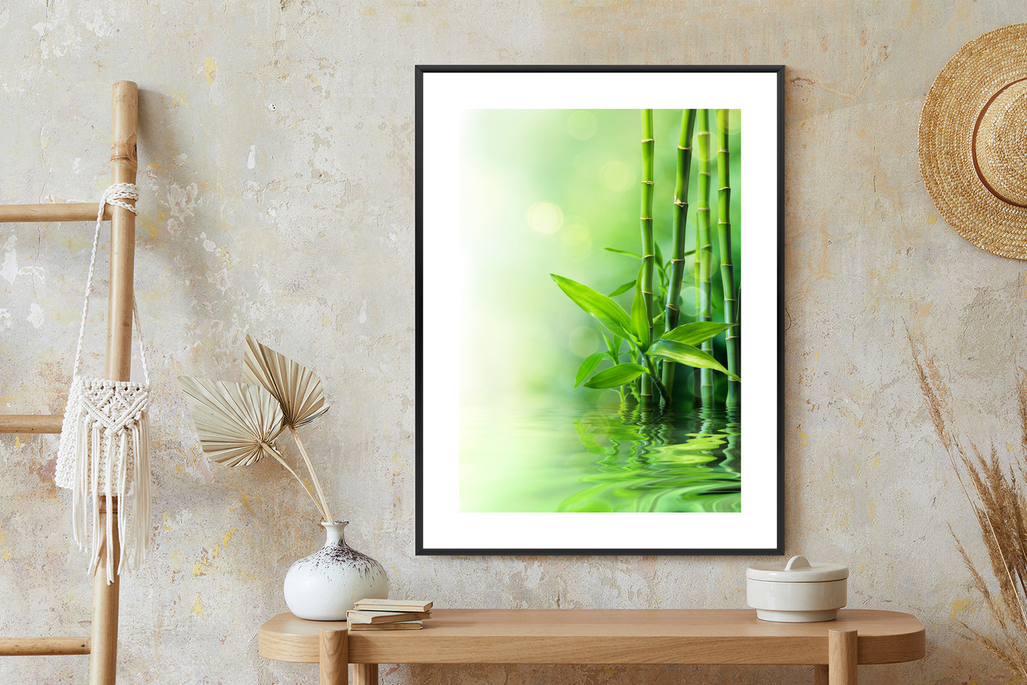 Poster Grüner Bambus Im Wasser Rahmen Holz Mit Passepartout Farbe Natürlich