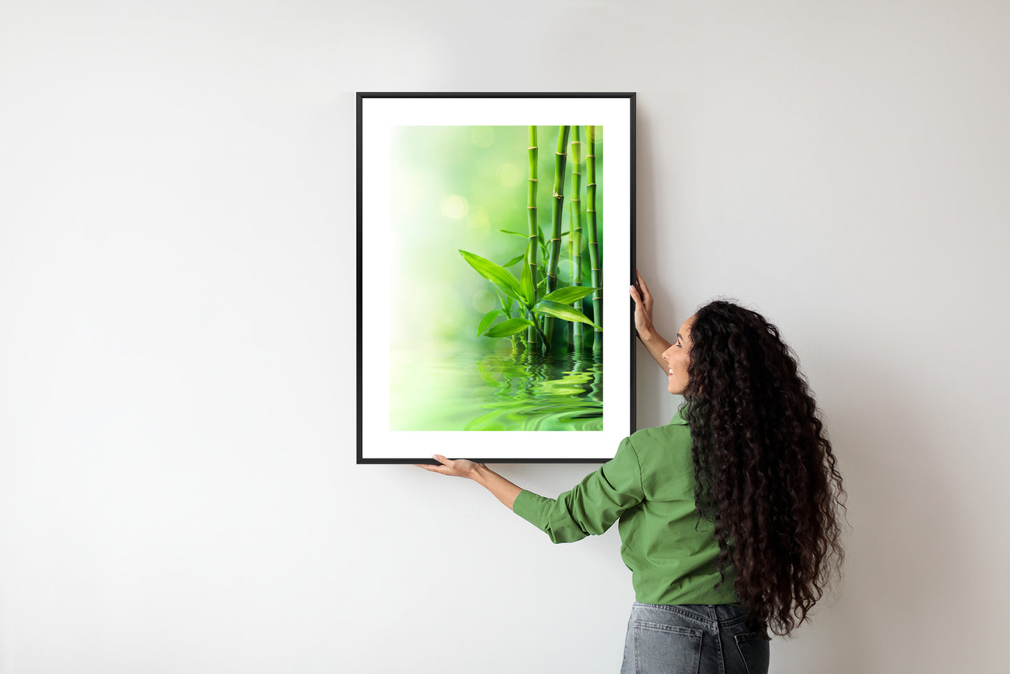 Poster Grüner Bambus Im Wasser Rahmen Holz Mit Passepartout Farbe Natürlich