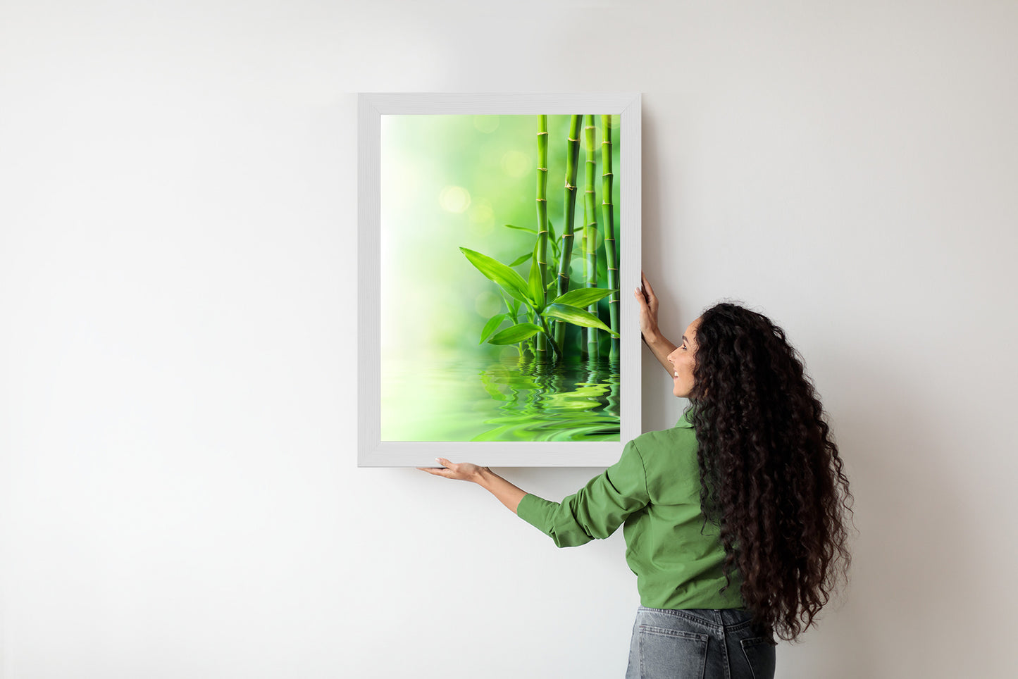 Poster Grüner Bambus Im Wasser Rahmen Holz Mit Passepartout Farbe Natürlich