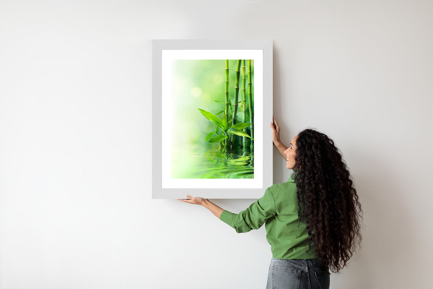 Poster Grüner Bambus Im Wasser Rahmen Holz Mit Passepartout Farbe Natürlich