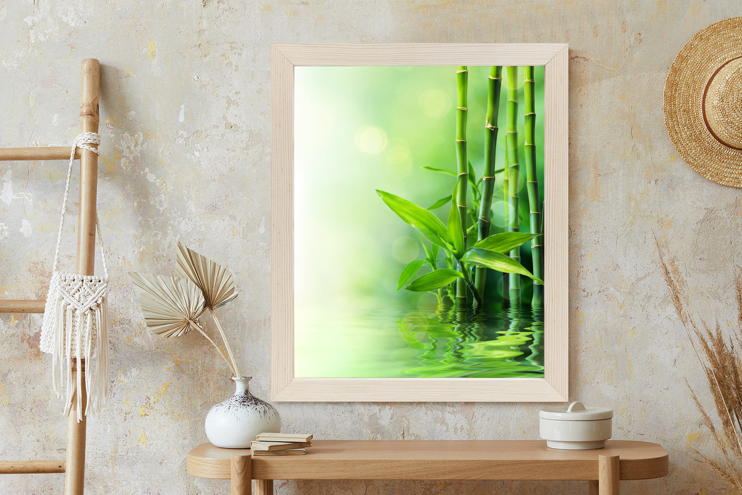 Poster Grüner Bambus Im Wasser Rahmen Holz Mit Passepartout Farbe Natürlich