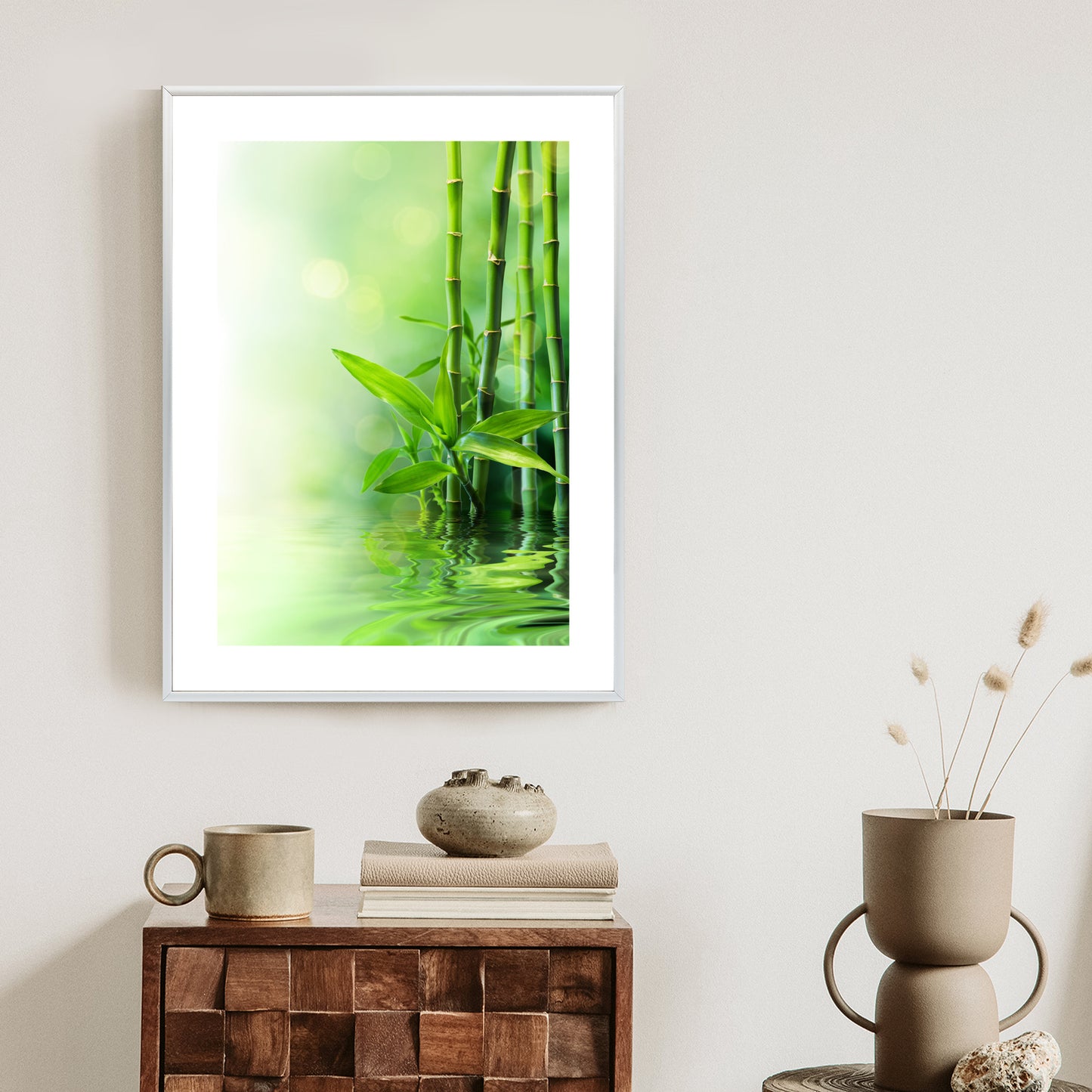 Poster Grüner Bambus Im Wasser Rahmen Holz Mit Passepartout Farbe Natürlich