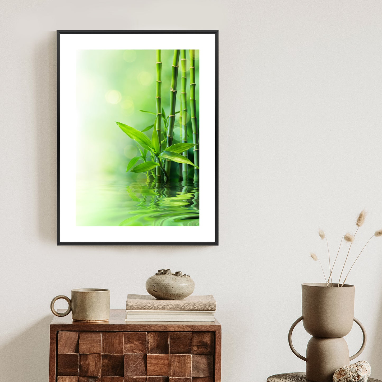 Poster Grüner Bambus Im Wasser Rahmen Holz Mit Passepartout Farbe Natürlich